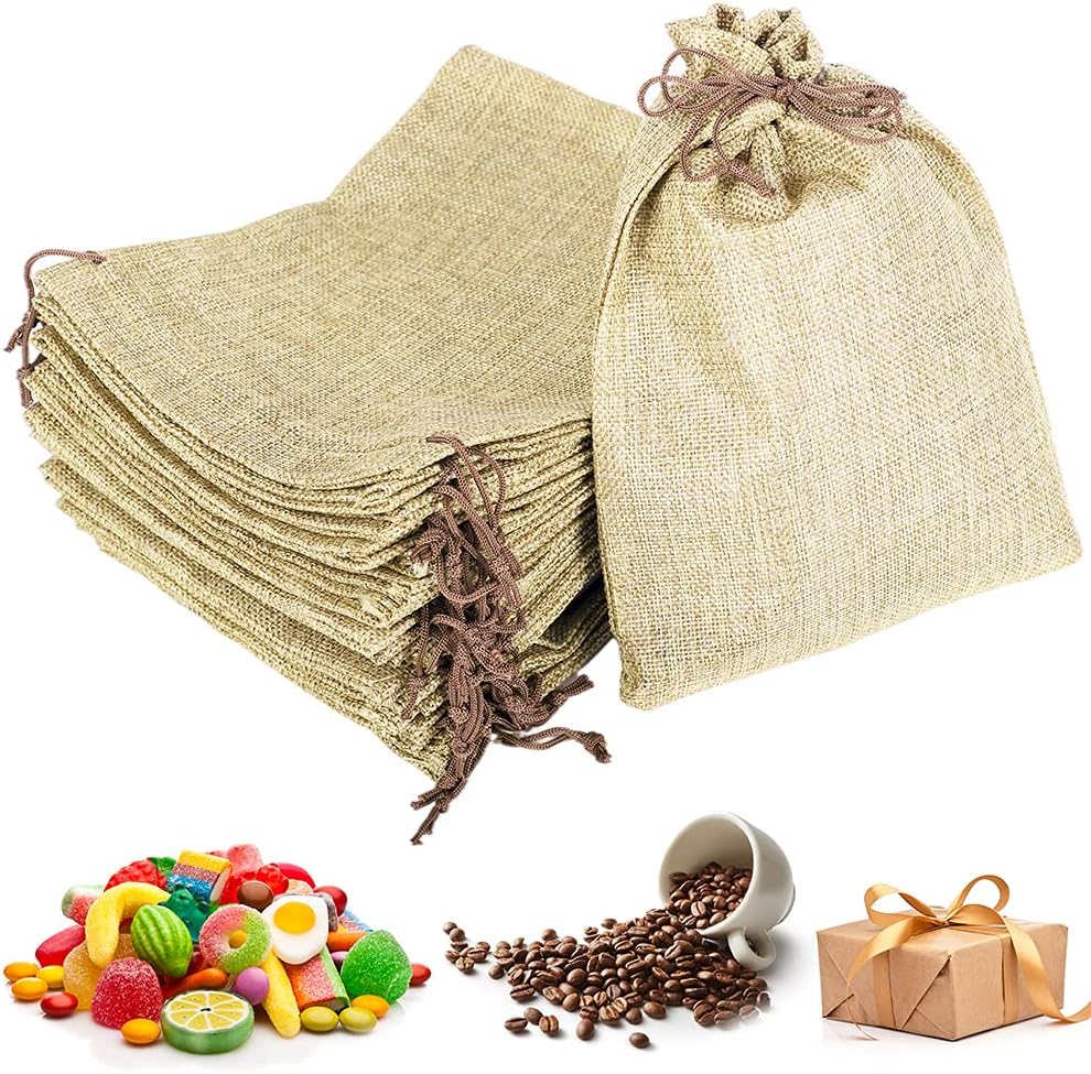 LYSXP 50PCS Burlap Bags with Drawstring，7x9 Inch Cream color Drawstring Gift Bag Jewelry Pouches for Wedding Party Favors, DIY Craft