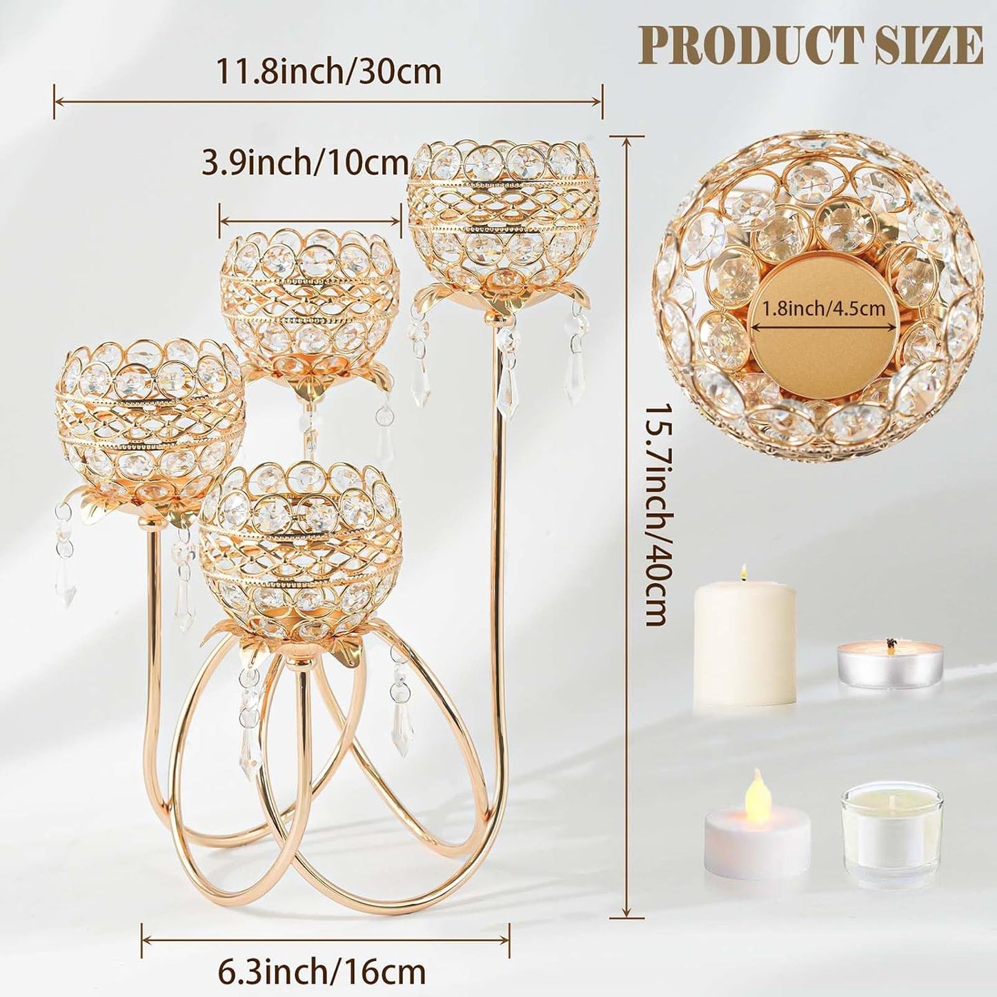 4 Arms Crystal Candelabra Tealight Holder - Tall 15.7 Inch Elegant Centerpiece with Crystal Pendant Bowls & Artistic Metal Stand for Wedding, Dining Table, Home Decor (4, Gold)
