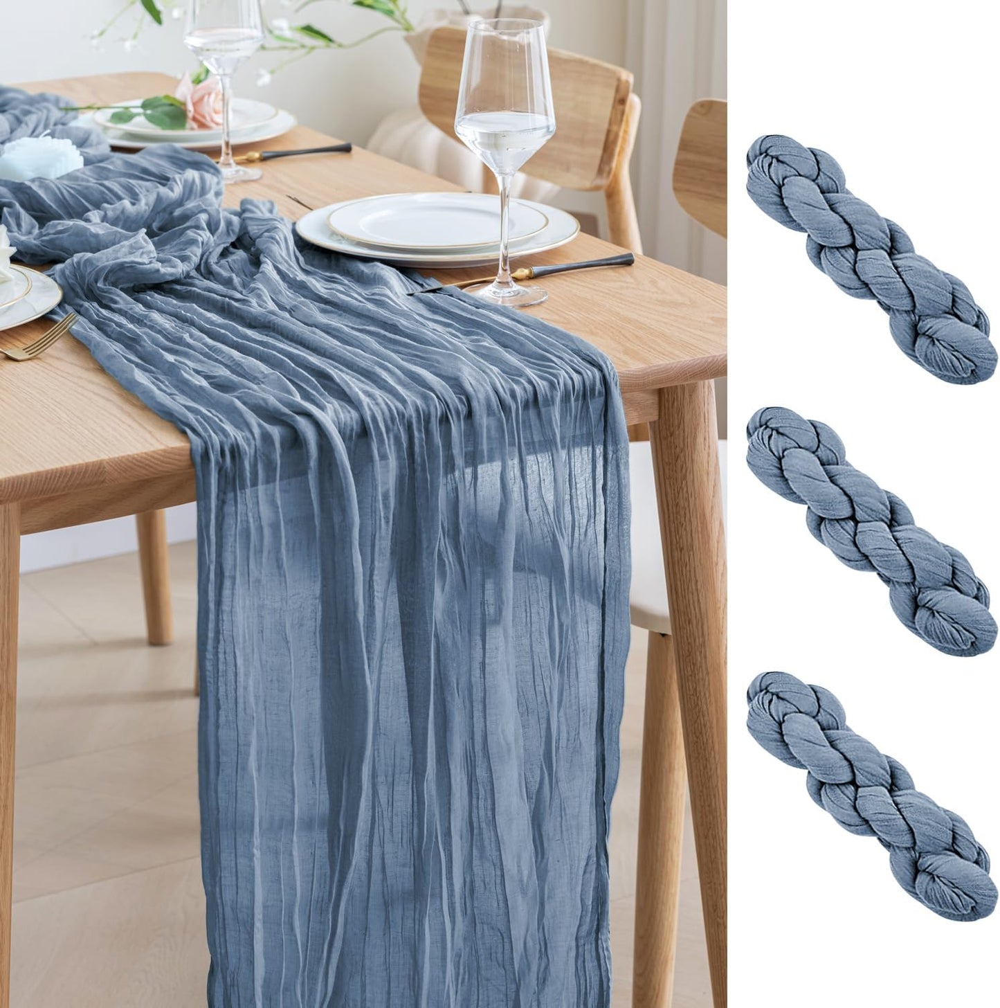 Asee'm 3pcs Cheesecloth Table Runner 120 Inches Dusty Blue Boho Gauze Cheese Cloth Runner 10FT Rustic Sheer Table Runners for Centerpiece Wedding Baby Shower Spring Easter Decoration