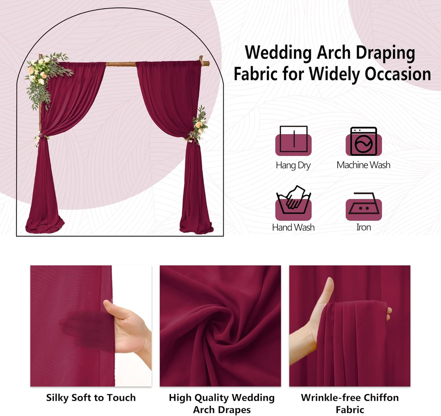 6 Panels Burgundy Wedding Arch Drapery 28" x20Ft Wedding Arch Draping Fabric Chiffon Fabric Drape Sheer Backdrop Curtain for Weddings Party Swag Ceremony Birthday Arbor Drapery Reception Ceiling Décor