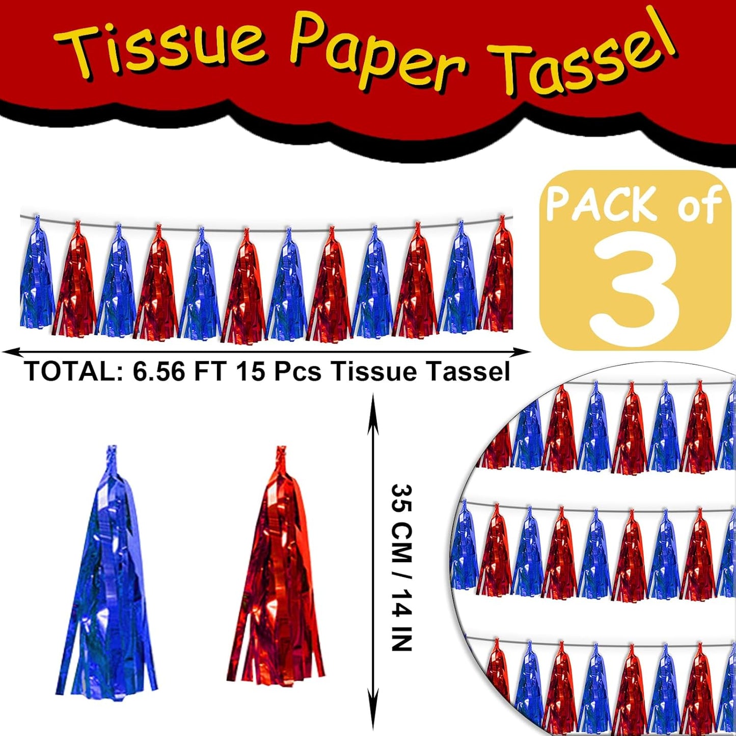 3P Blue Red Metallic Fringe Tassel Banner Garland Foil Tinsel Streamer Wall Curtain Backdrop for Parade Floats, Graduation, Independence Day, 4th of July, Patriotic Themed Party Decoration