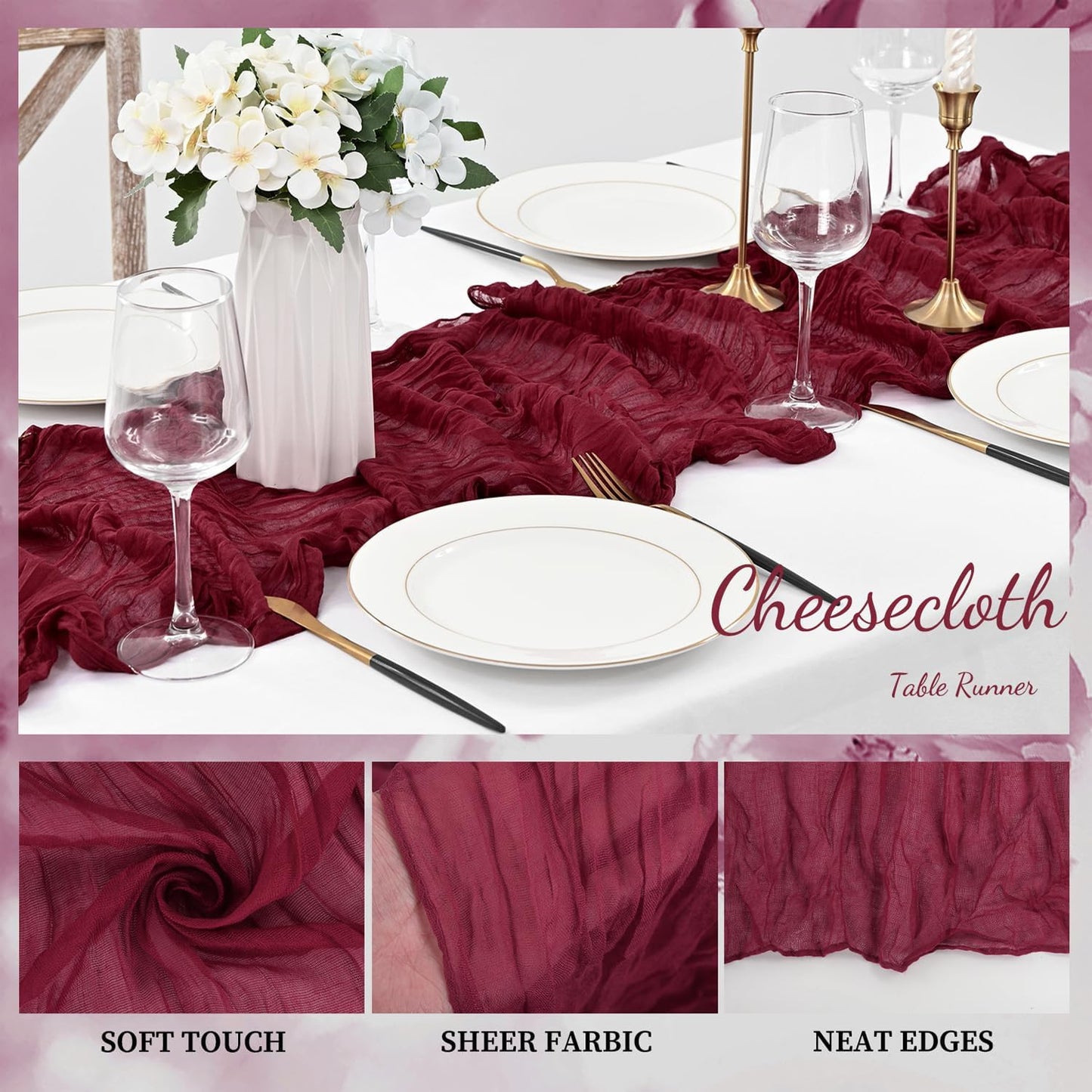 Burgundy 20 Pack Cheesecloth Table Runner 10FT Rustic Gauze Cheese Cloth Table Runner for Wedding Bridal Baby Shower Table Decor 20 x 120 Inch Long Boho Fabric Sheer Birthday Party Table Decorations