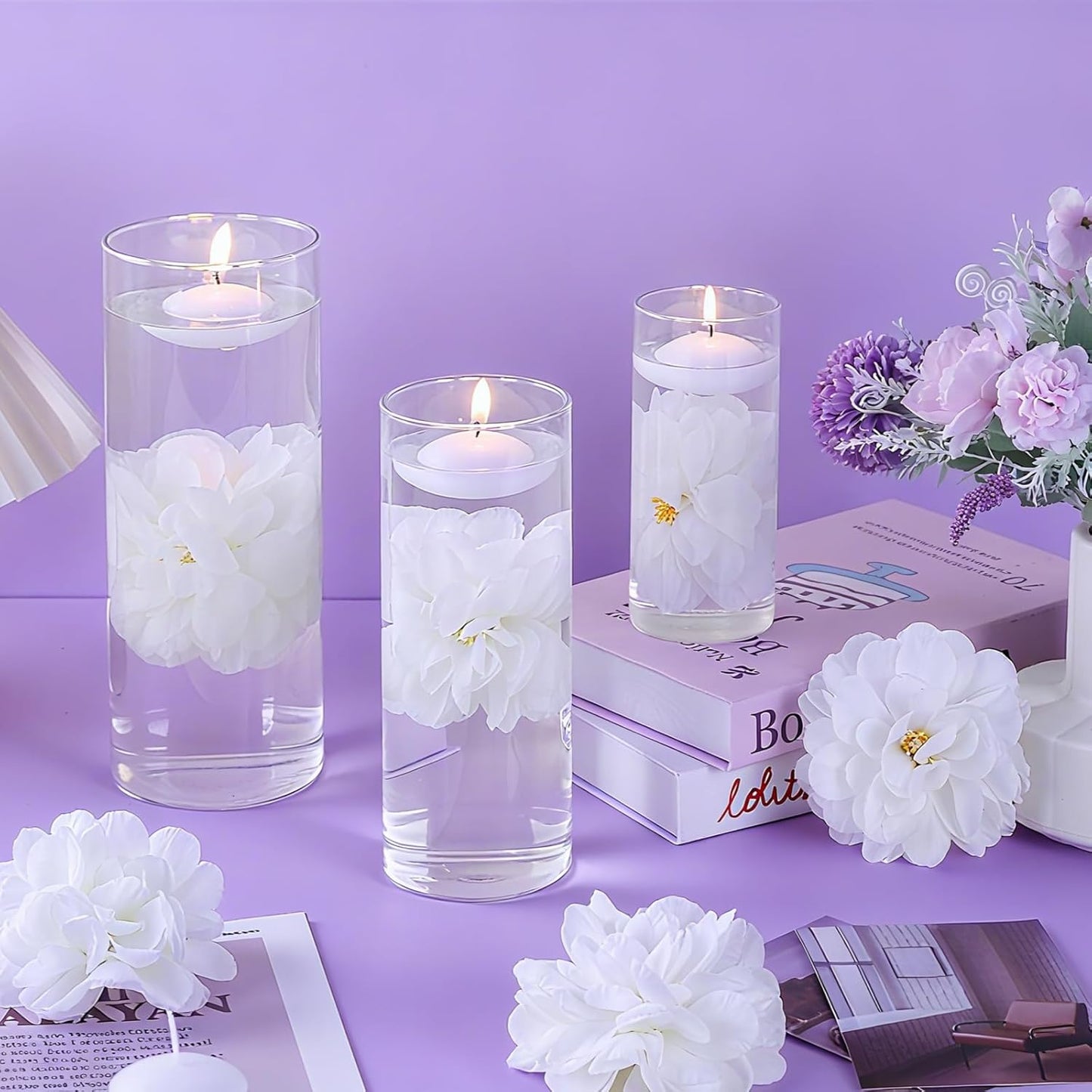 24 Pcs Floating Candles for Centerpieces and Floating Flowers Vase Fillers for Centerpieces White Artificial Flowers for Wedding Table Party Home Decoration