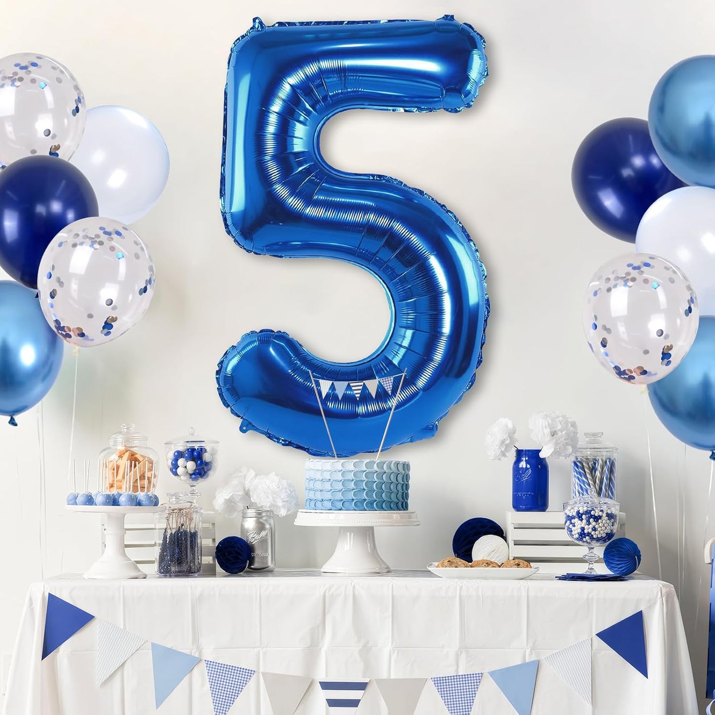 Large Foil Number 5 Balloons, 101cm Light Navy Blue 5 Helium Balloon with Metallic Silver Confetti Balloon for Kids 5th Birthday Party Decor, Mylar Self Inflating 5 Balloon for Graduation Decorations