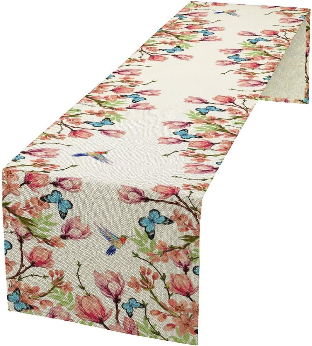 Flowers Table Runner,Floral Bird Butterfly Spring Table Cloth Kitchen Dining Table Home Party Decoration 13x120 Inch