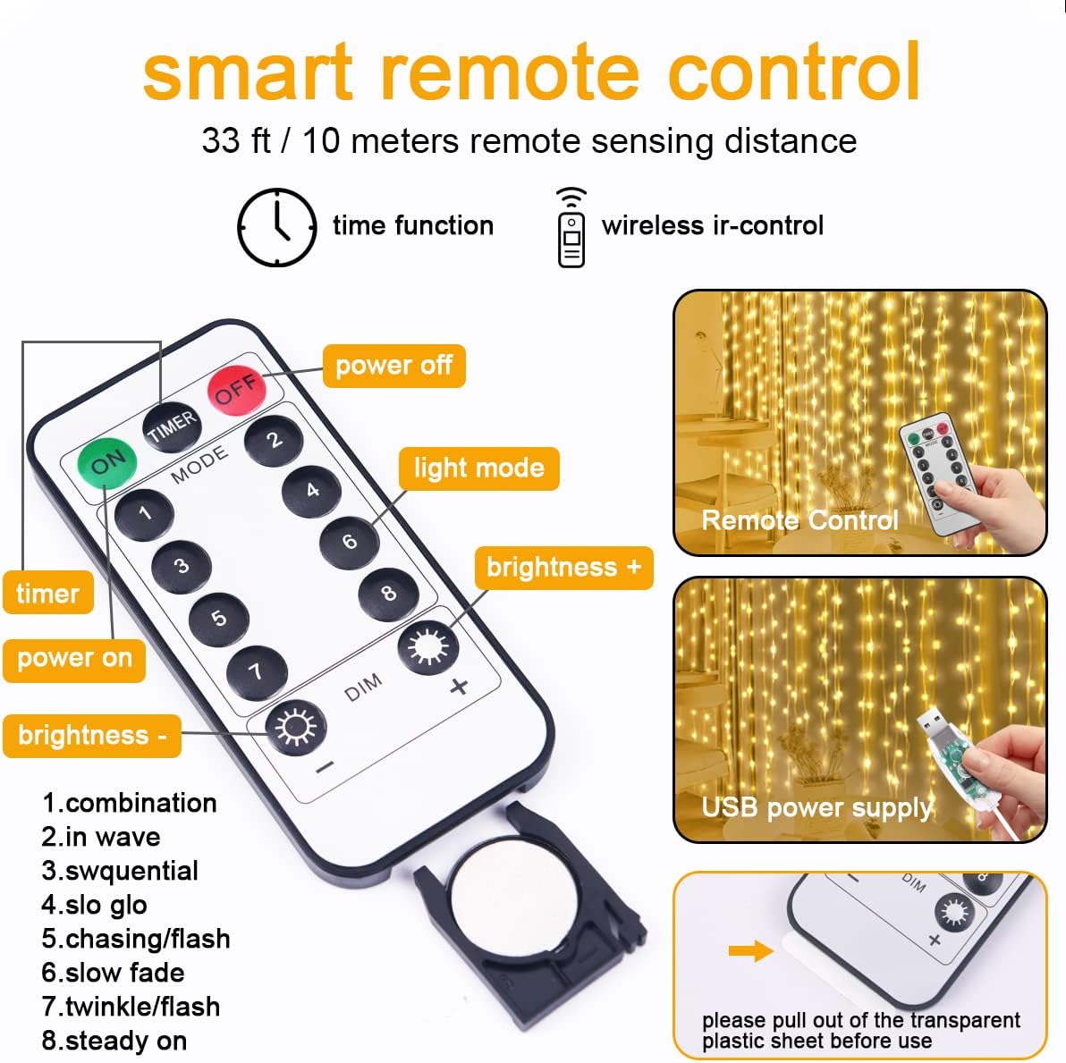 Vicloon Fairy Curtain Lights, Warm White LED 8 Mode 9.8x9.8Ft Waterproof Curtain String Lights for Indoor/Outdoor, Powered by USB with Remote Control