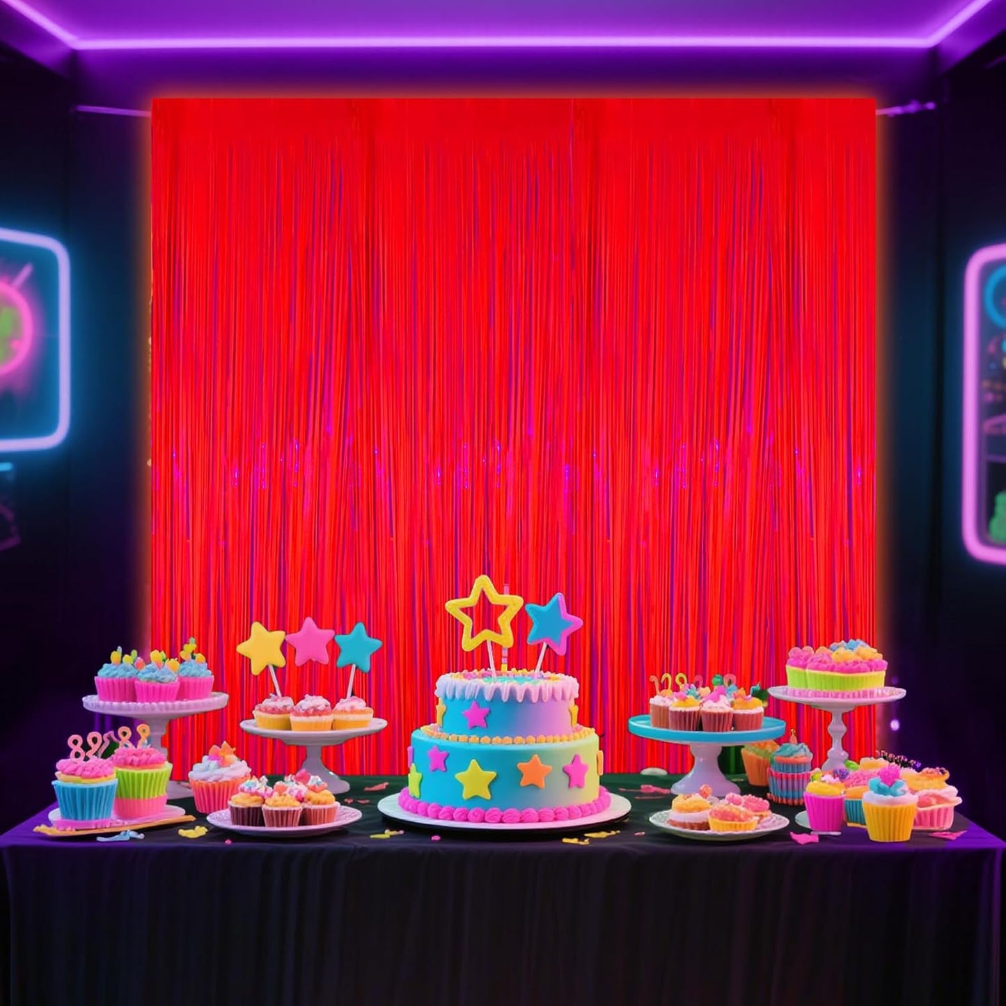 4 Packs Glow in The Dark Foil Fringe Curtain, Macaron Orange Blacklight Reactive Fluorescent Tinsel Backdrop Neon Luminous Streamers for Birthday, Wedding, Neon Party, Glow Party Decorations Supplies