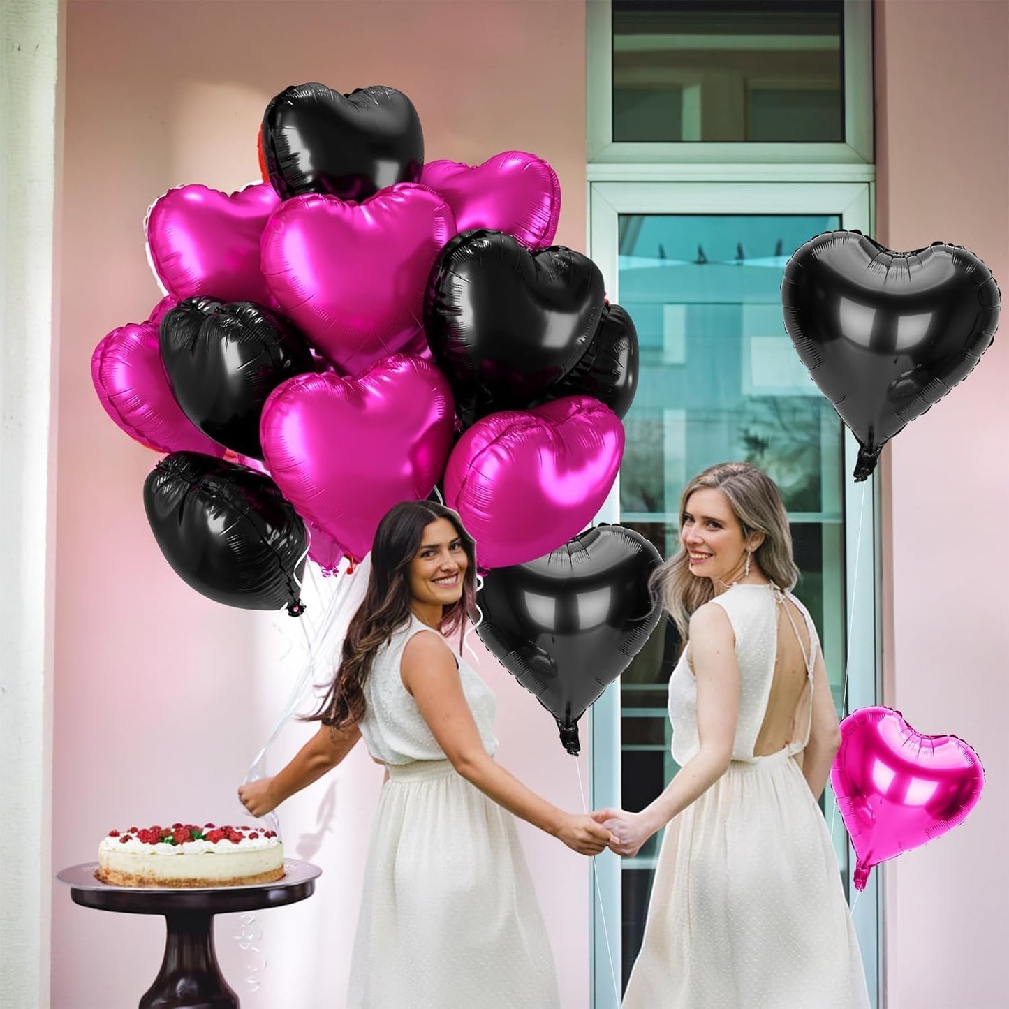 12 Pcs Heart Balloons, 18 inch Valentine's Day Balloons, Hot Pink Black Heart Foil Helium Balloon, Love Printed Foil Balloon for Valentine's Day Wedding Baby Shower Party Decorations