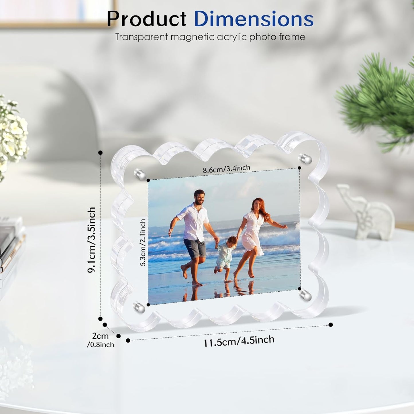 2Pack Magnetic Acrylic Picture Frames 2×3 Inch - Scalloped Glass Frame with 10+10mm Thick Block, Double Sided Clear Frames for Desktop Display | Trendy Home Gift (2 Pack, 2×3)