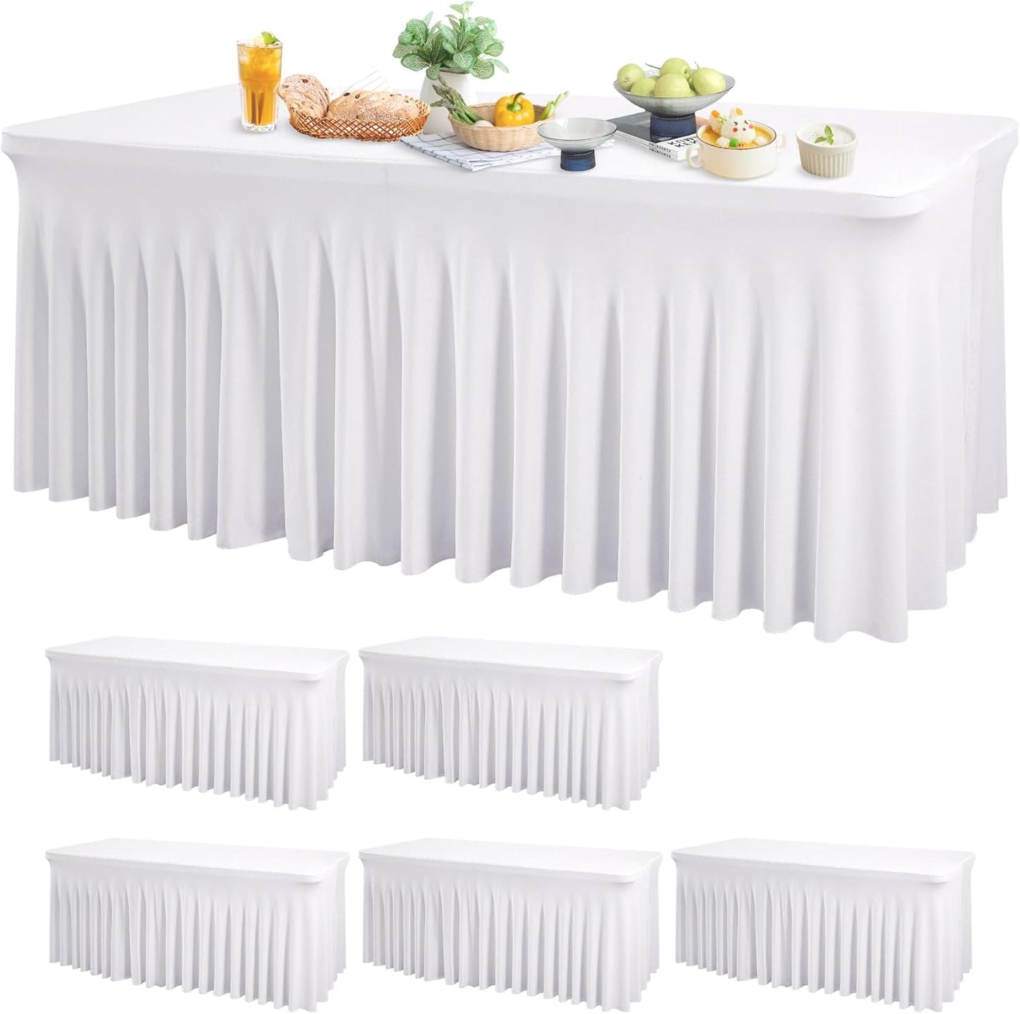 Wish Care 6 Pack White Spandex Table Clothes for 8 Foot Rectangle Tables, 8FT Wrinkle Free Fitted Tablecloths Ruffles Design Table Cover for Party, Banquet, Wedding and Events