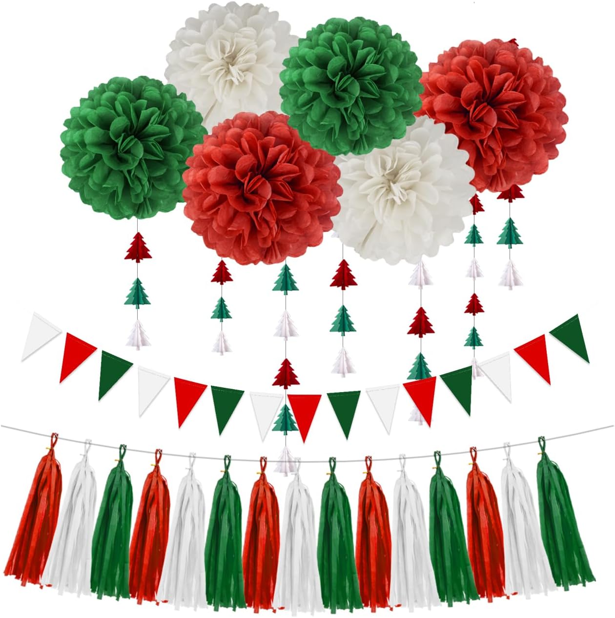 Red White Green Christmas Decorations - 23pcs Tissue Paper Flowers Pom Poms Tassel Garland Banner 3D Christmas Tree Paper Streamers Birthday Party Decorations For Home Indoor Outdoor Hanging Decor