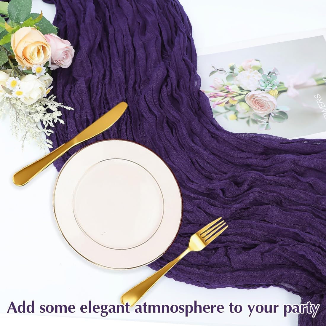 Purple Cheesecloth Table Runner -21*120Inch Long Boho Wedding Table Decor, Rustic Gauze Fabric Runner for Bridal Showers, Baby Showers & Parties (Sheer, Lightweight, Wrinkled Design)