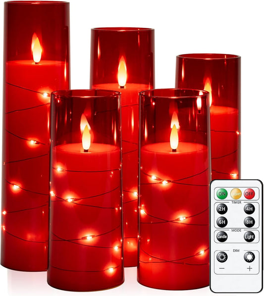Raycare Flameless Candle with Remote Timer – 5 Flickering Acrylic Battery Operated LED Pillar Candles with Embedded Star String for Halloween, Home Decor, and as a Gift(Red)