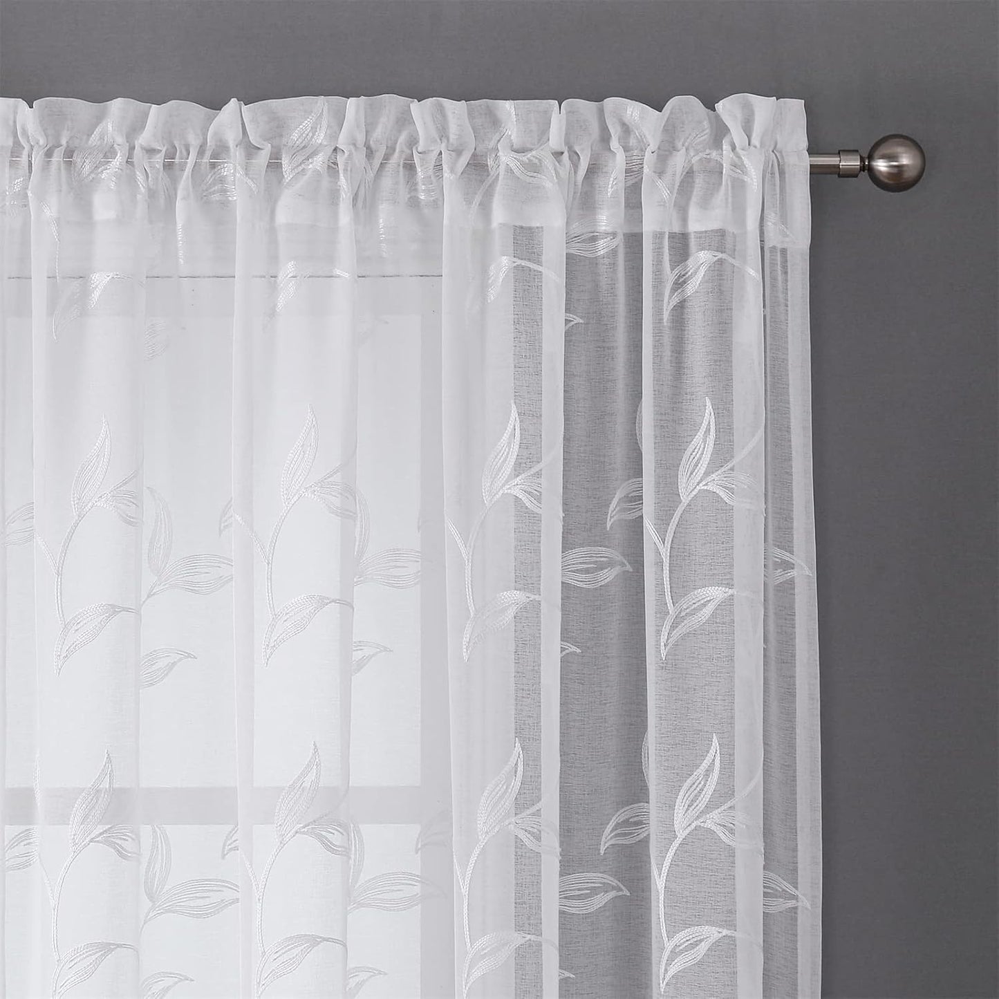 VISIONTEX White Sheer Voile Curtains, Decorative White Embroidery Faux Linen Rod Pocket Window Drapes for Home Kitchen, Living Room and Bedroom 54 x 108 Inch, Set of 2 Curtain Panels