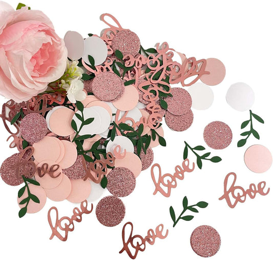 200 Pcs Rose Gold Glitter Wedding Table Confetti, Greenery Eucalyptus, Bridal Shower Decorations, Pink Love Confetti, Engagement Party Scatters