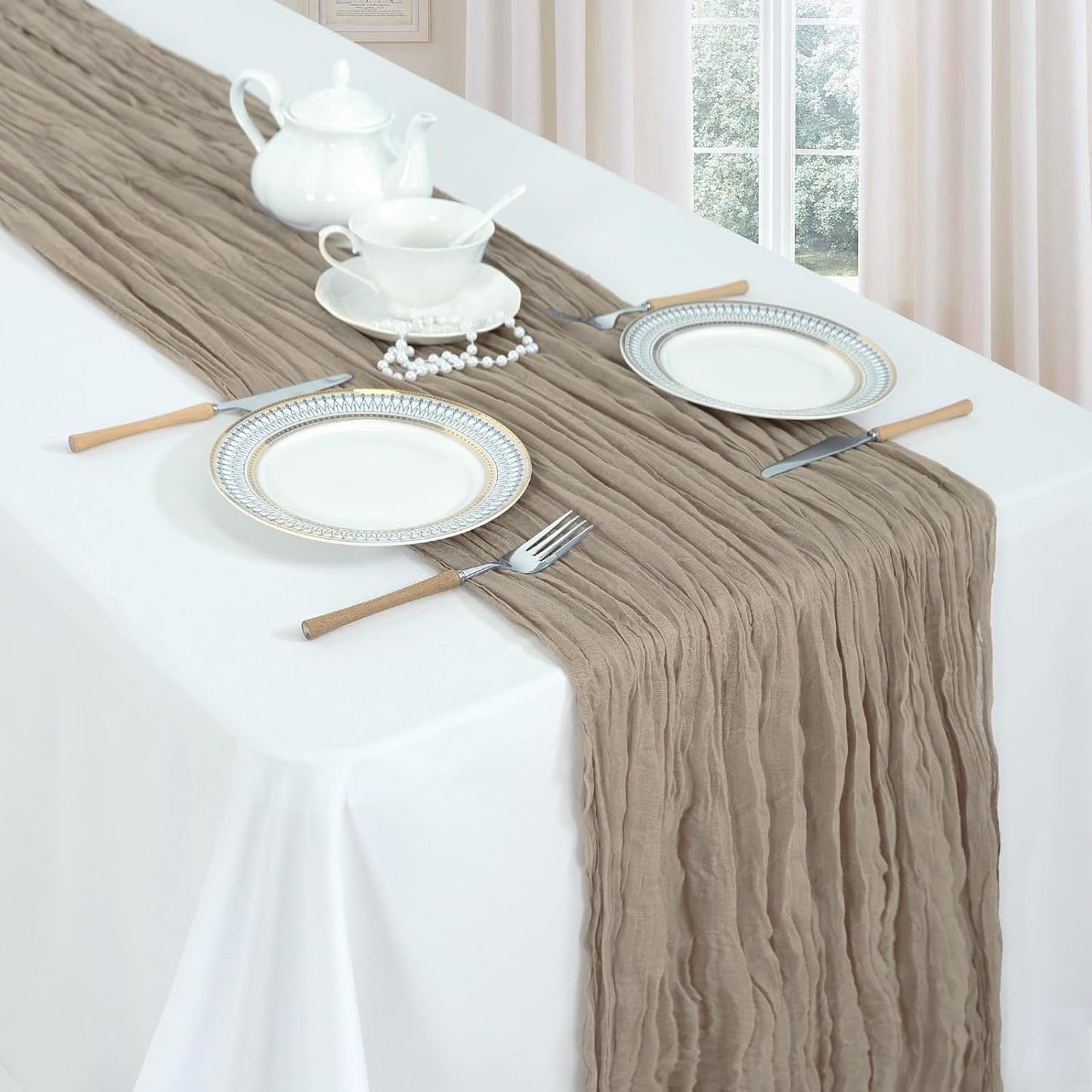 6 Pack Nude Cheesecloth Table Runner 10ft Boho Gauze Fabric Cheese Cloth Table Runner 35 x 120 Inch Rustic Sheer Runner for Romantic Wedding Decor Baby Shower Party Table Centerpiece Decoration