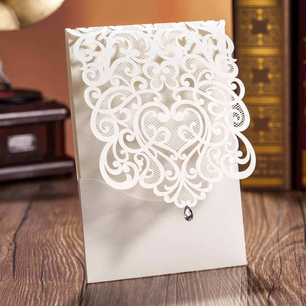 Hosmsua 50PCS Personalized Wedding Invitations Kit 5.12 x 7.3 Laser Cut Hollow Rose Rhinestone Pocket with Envelope for Wedding Quinceanera Invite (White Ivory)