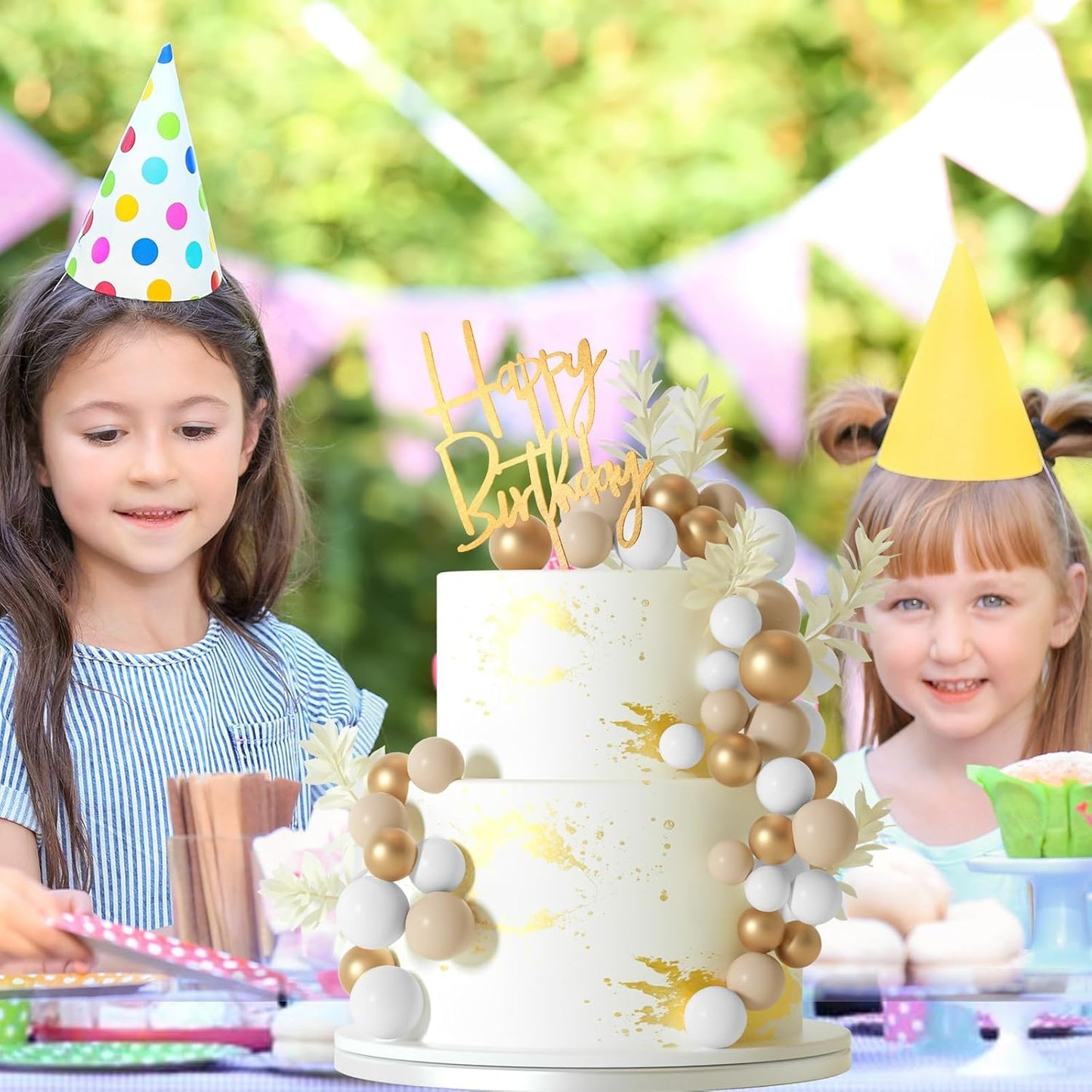 MIAHART Ball Cake Toppers Boho Grass Cake Topper Ball Cake Insert Decoration for Birthday Wedding Baby Shower Party Decorations Boho Themed Party Supplies (khaki，gold，white)