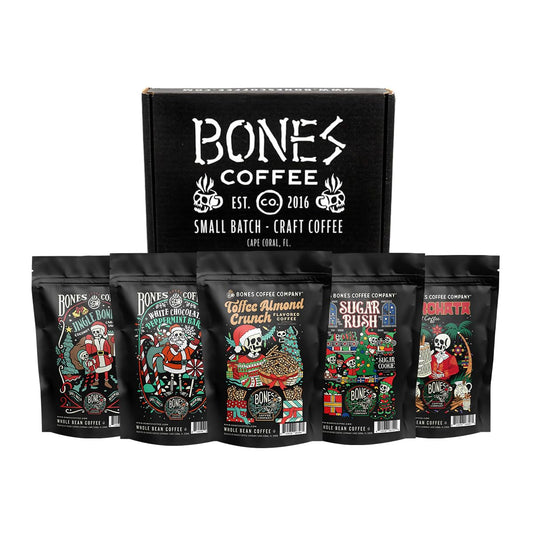 Bones Coffee Company Holiday Favorites Bundle, 5 Assorted Flavored Coffee Low Acid Medium Roast Arabica Beans Specialty Coffee Gifts, Auto Drip and French Press Compatible, 4 oz Pack of 5 Whole Bean