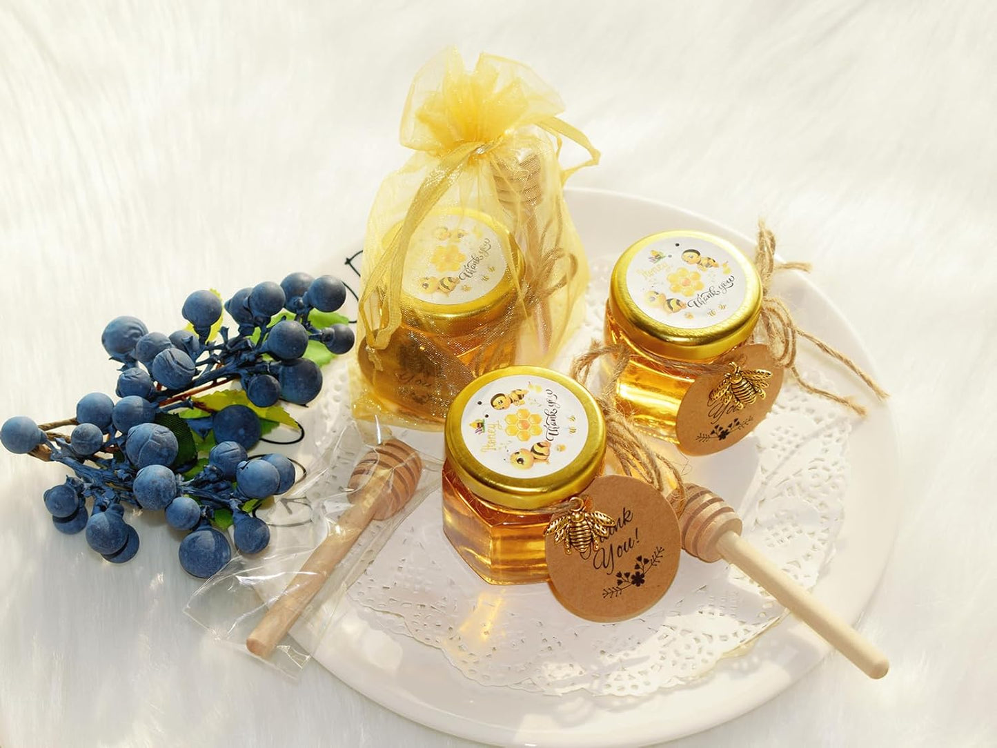 IIKUM 60 Pack 1.5 oz Glass Honey Jars with Baby Shower Sash, Dippers, Bee Pendants, Gift Bags, Thank You Cards, Jute and Stickers-Great Honey Jars Set for Baby Shower Favors, Welcome Baby Decorations