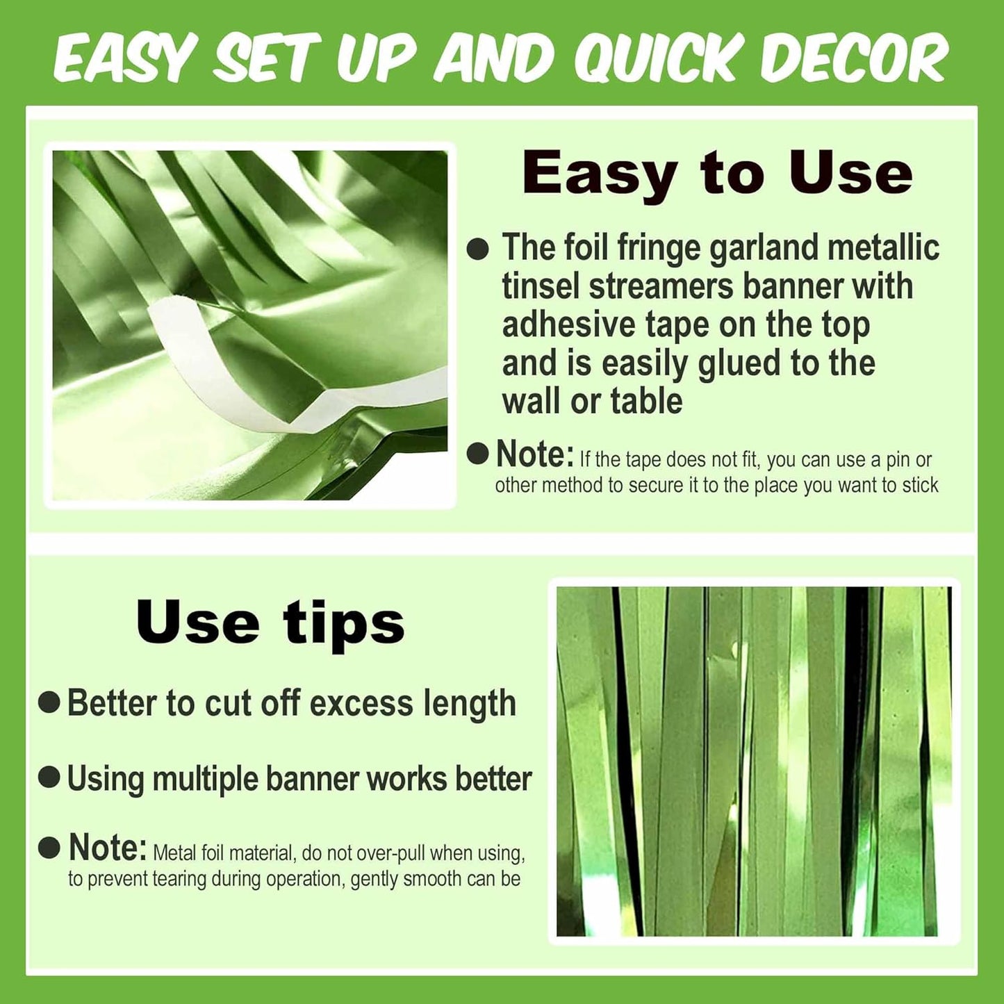 6 Pack 10 Ft Light Green Foil Fringe Garland Metallic Streamers Tinsel Banner Wall Hanging Garland Backdrop for Parade Floats, Halloween, Christmas, Thanksgiving, New Year Party Decorations