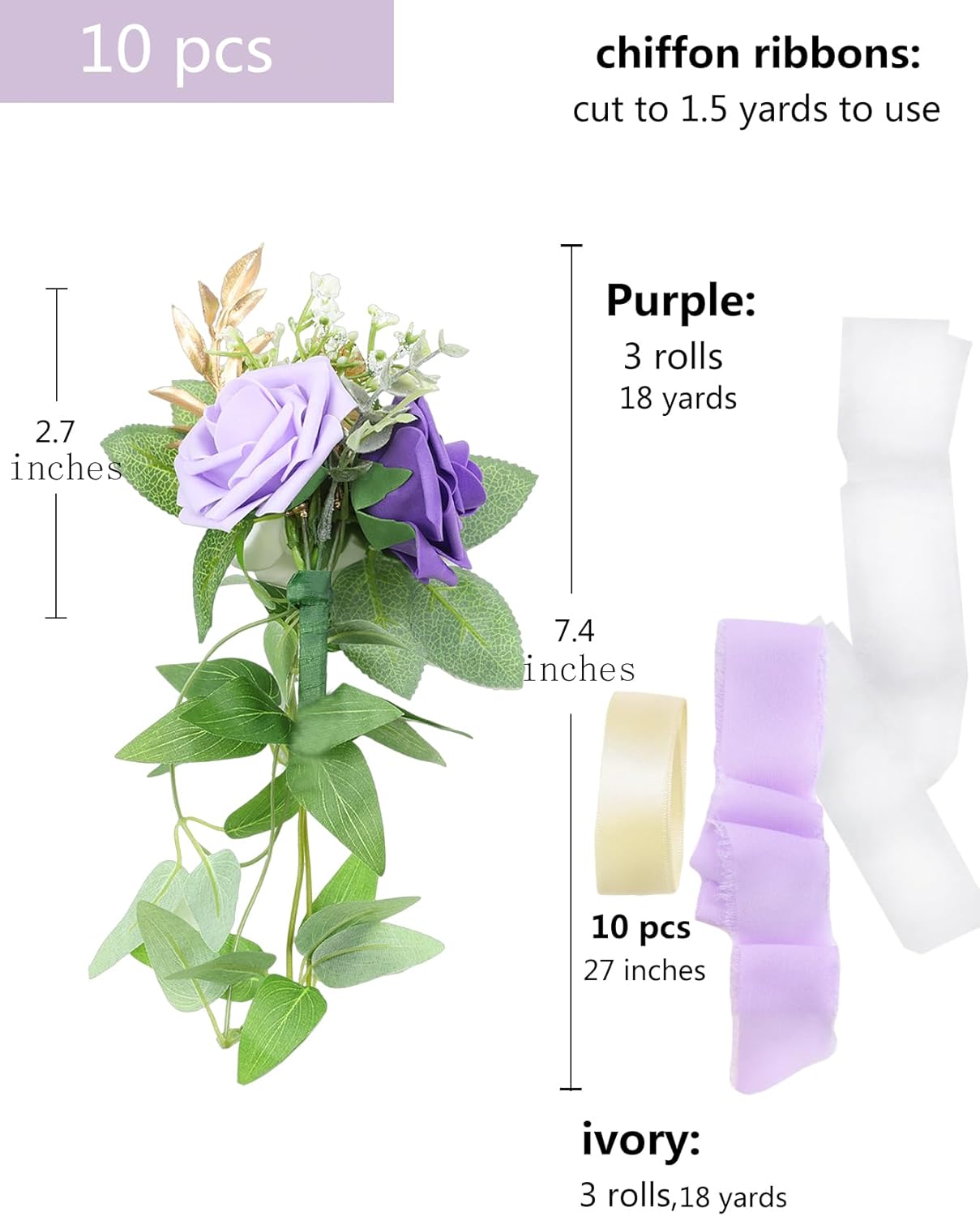 Meldel Wedding Chair Decorations Set of 10 Aisle Artificial Flowers White Puprle Rose Garland with Hanging Ribbons for Ceremony Reception Church Arrangement Party Wedding Decor