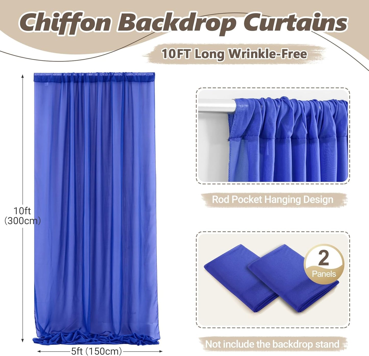 10ft x 10ft Royal Blue Backdrop Curtains, Wrinkle-Free Sheer Chiffon Fabric Photo Backdrop Drapes for Wedding Arch Party Ceremony Stage Photography Decorations