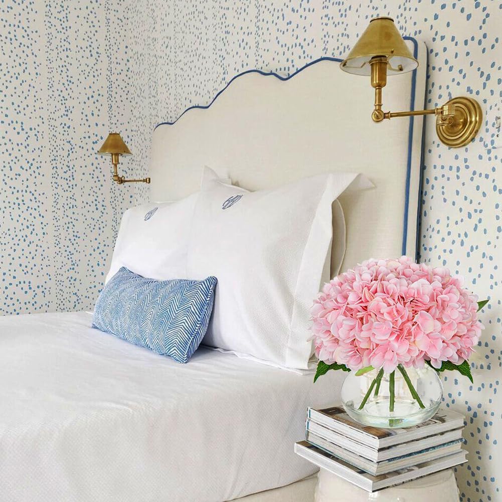 Hollyone Hydrangea Artificial Flowers with Glass Vase Pink Silk Faux Flowers Arrangements with Clear Faux Water Fake Floral Bulk Bouquet for Home Decor Table Centerpiece Decorations