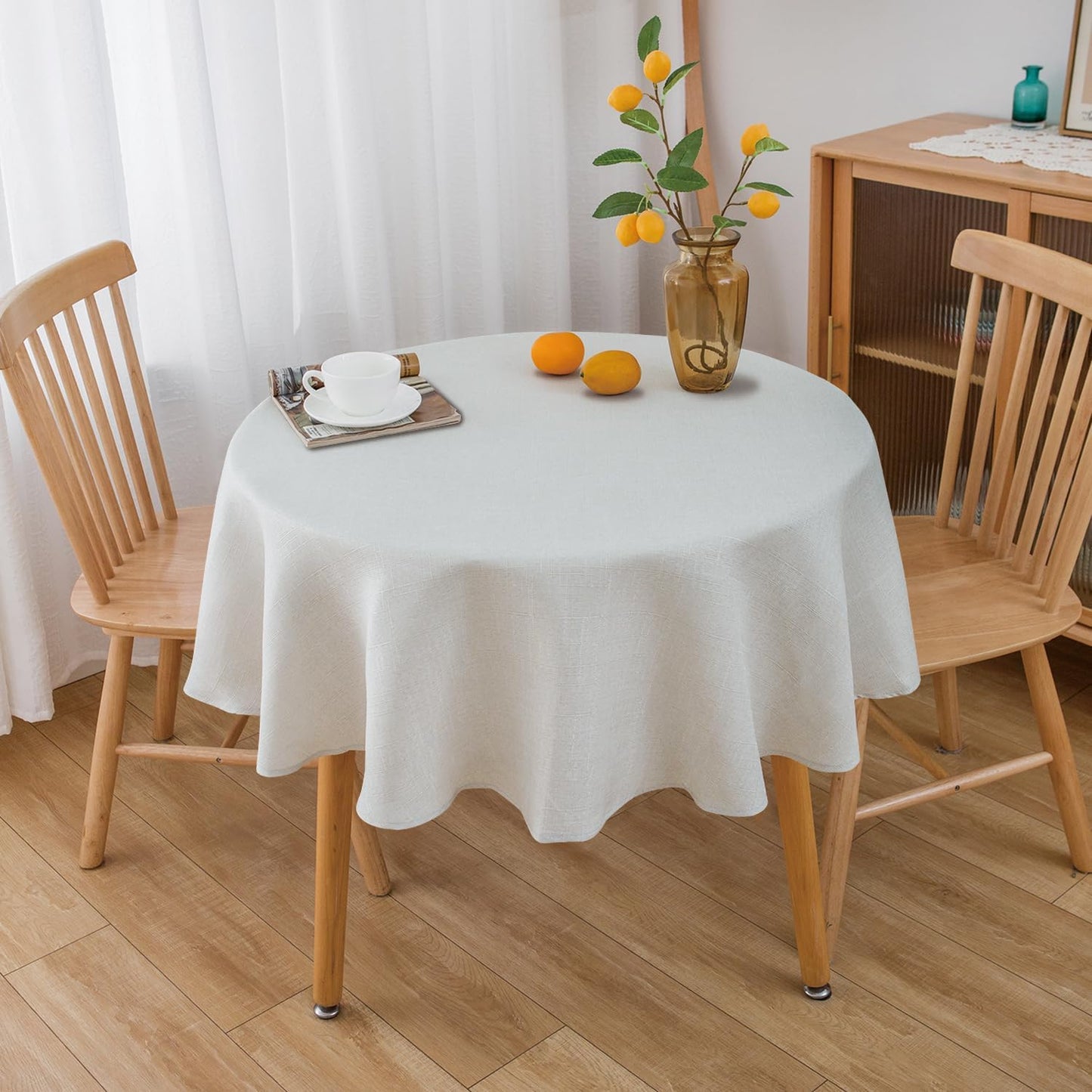 NLMUVW Linen Round Tablecloth 48 Inch, White Table Cloth Textured Small Dining Table Cover Water Resistant for Party Cafe Kitchen