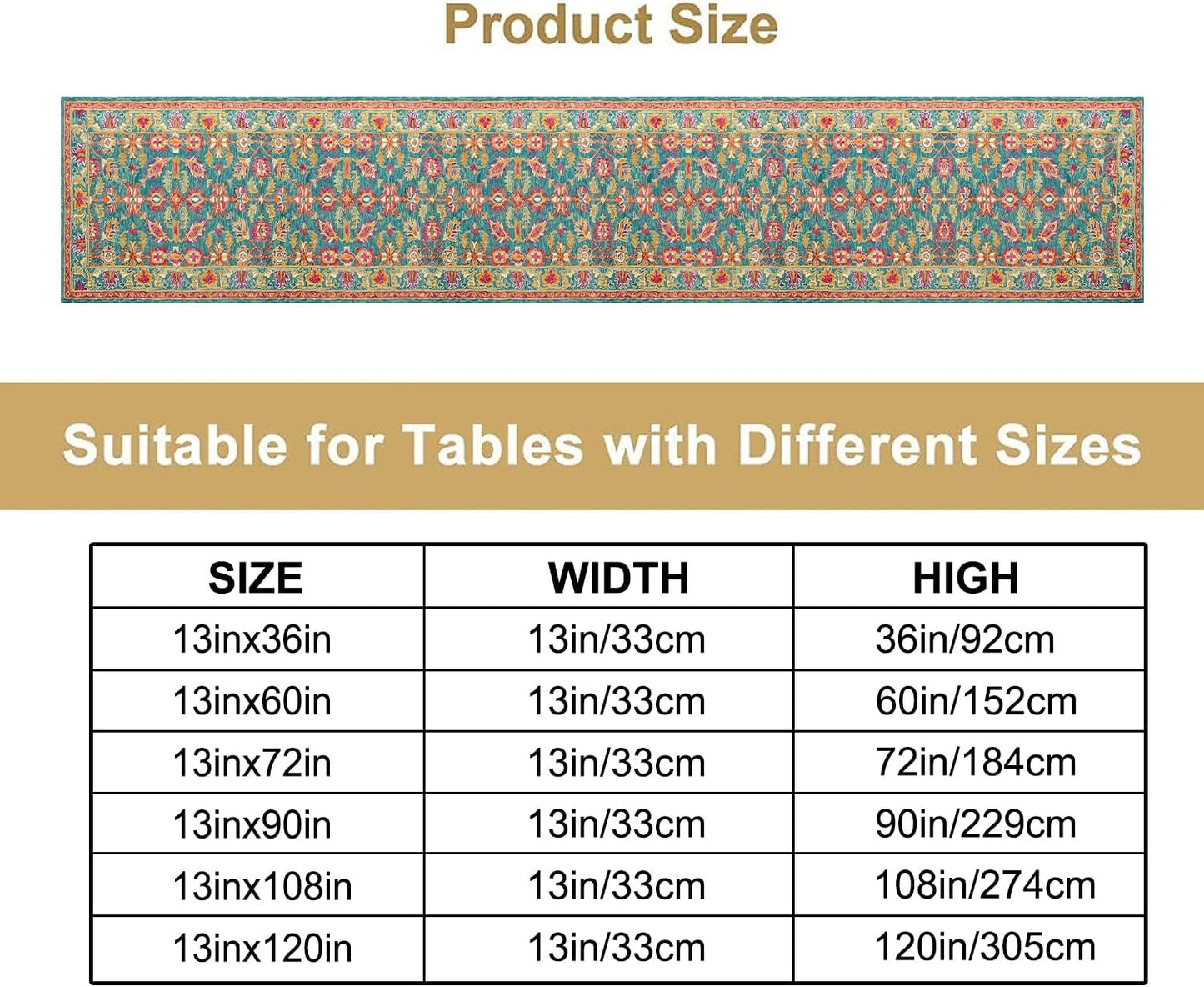 Vintage Boho Floral Table Runner, Rustic Country Farmhouse Teal Red Purple Flower Pattern for Home Kitchen Table Decor Dining Coffee Room Party Decor 13x90in