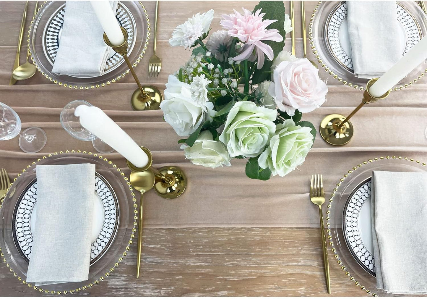 Luxurious Velvet Table Runner, 10ft Wedding Reception Decorations, 20x120inch Soft Velvet Fabric, Table Linen Overlay, Wedding Table Runners (Champagne, 20X120inch)