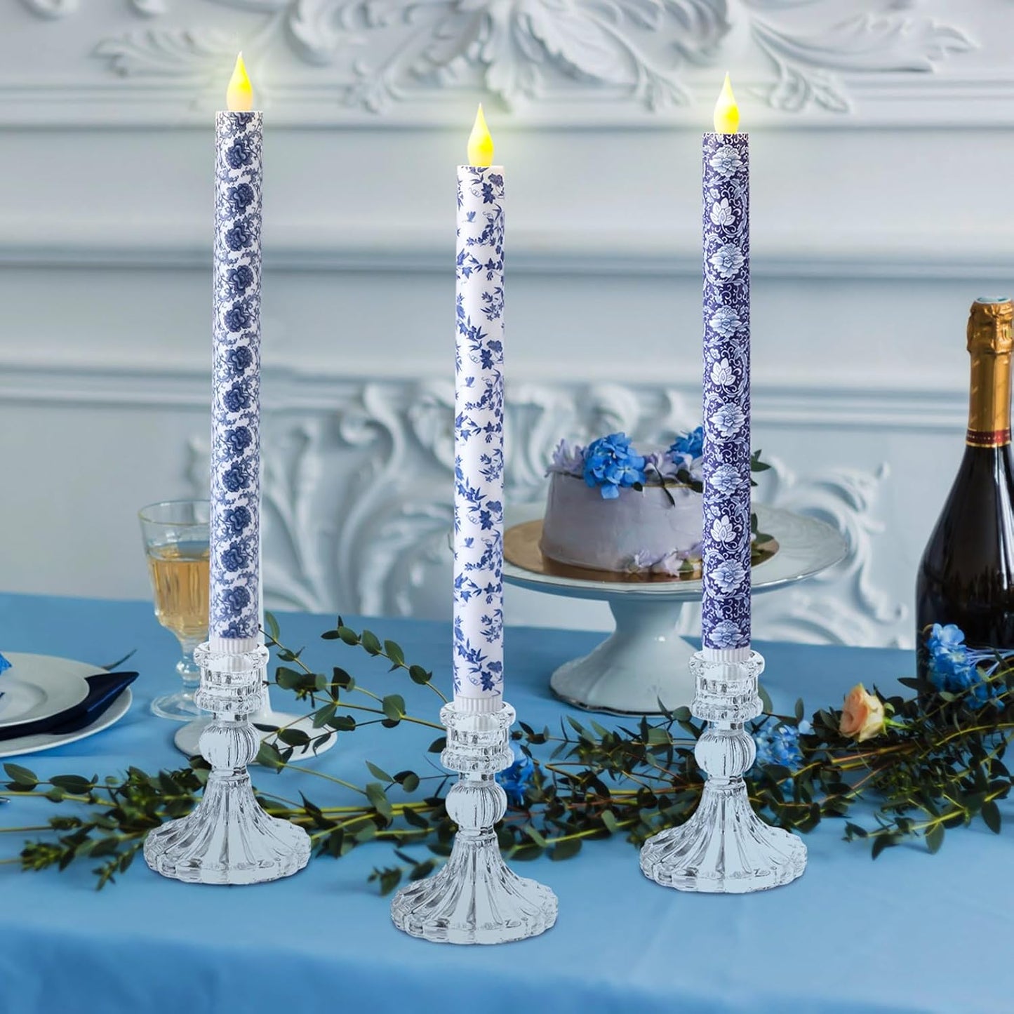 Baquler 6 Pcs Christmas Chinoiserie Flameless Candles 10.6 Inch Blue and White Battery Operated Led Candlesticks Chinoiserie Decor for Christmas Centerpiece Xmas Party Decor Holiday Gifts
