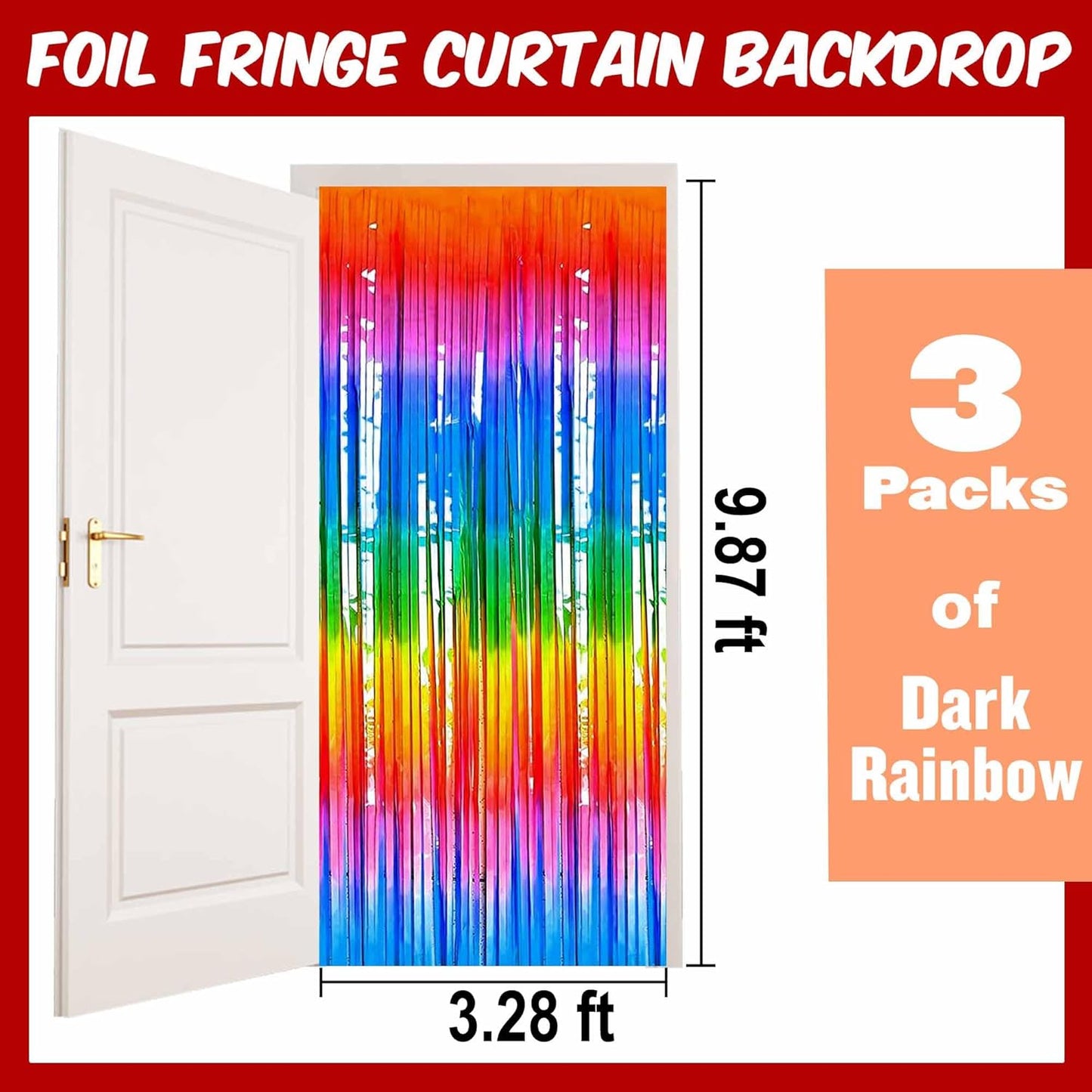 3 Pack Dark Rainbow Foil Fringe Curtains Backdrop, 3.28 x 9.8 Ft Metallic Streamers Tinsel Curtains Background for Photo Booth, Birthday, Halloween, Christmas, New Year Party Decorataions