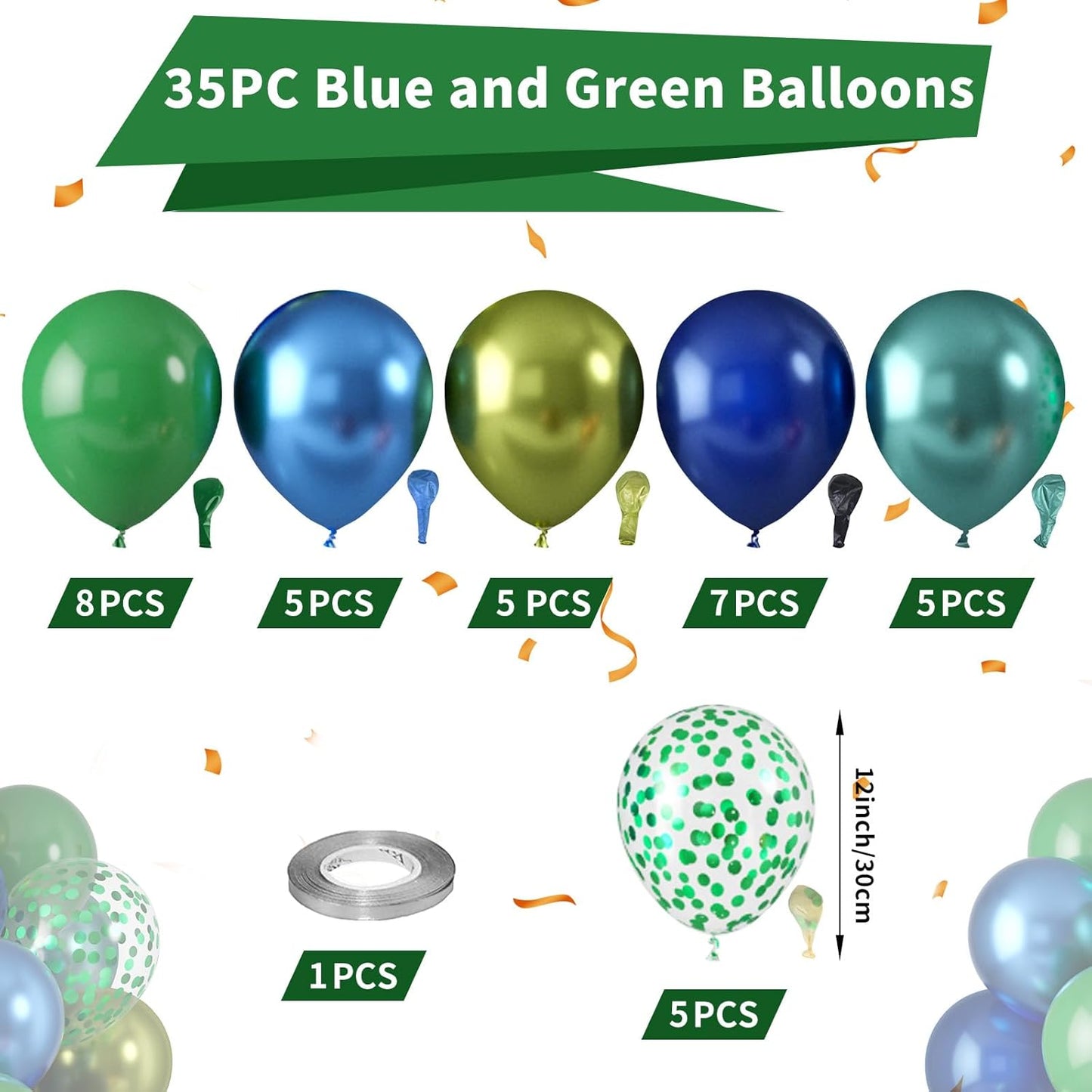 Blue and Green Balloons, Dark Green Metallic Balloons and Royal Blue Balloon, Metallic Blue Green Confetti Balloon for Boy Birthday Baby Shower Jungle Safari Theme Wedding Party Supplies