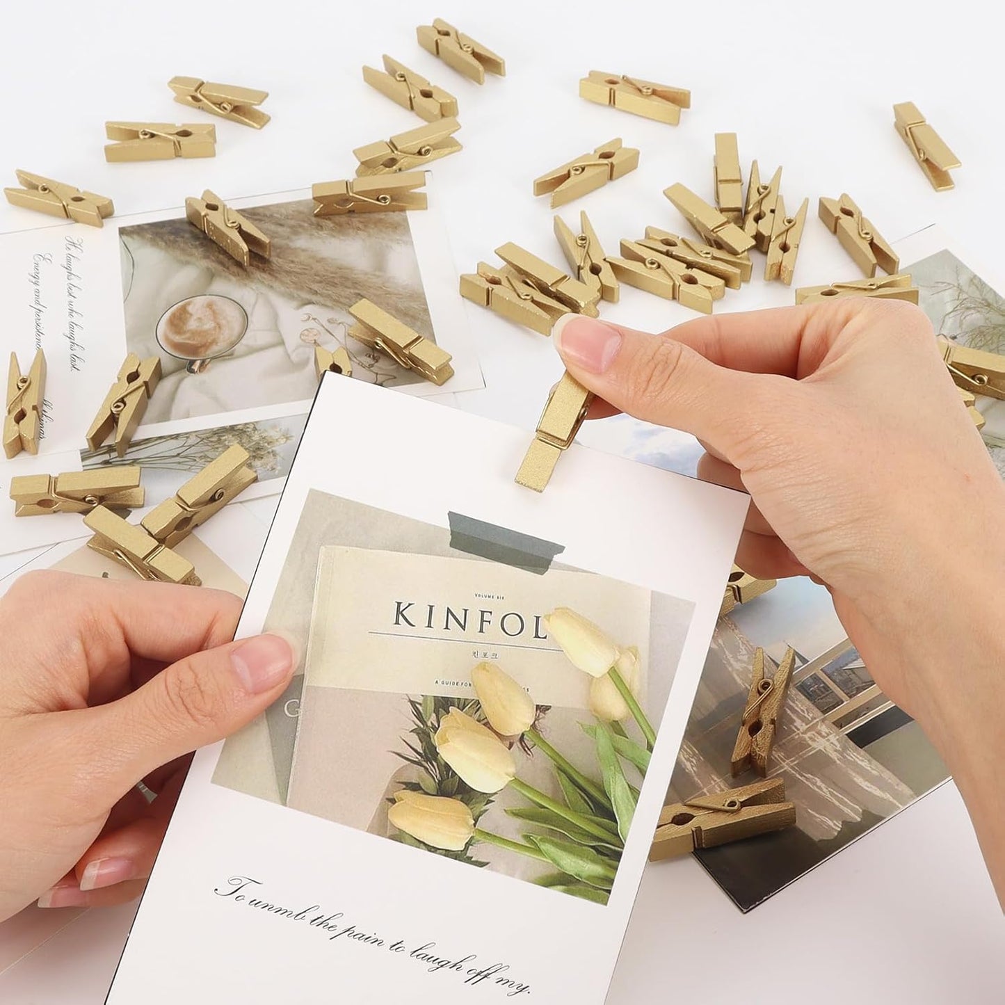 100 Pcs Gold Wooden Pins, 1.38 Inch Tapestry Clothes Pins Wall Clips Photo Picture Clips Poster Clips Strong Spring Clips for Home and Office Poster Photo Decor (Gold 100 Pack 1.38 Inch)