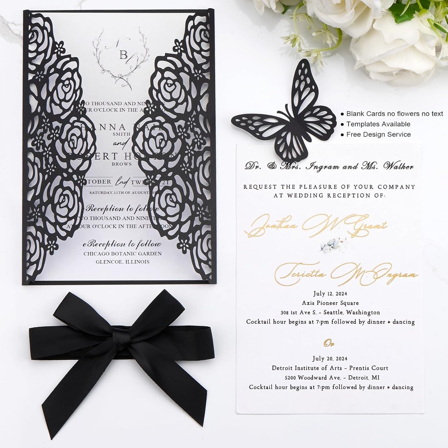 50pcs Black Wedding Invitation Kit Butterfly Laser Cut Invittations Pocket with Blank Inner Sheets and Envelopes for Wedding Anniversary Quinceañera Birthday Party Invites 4.9x7''