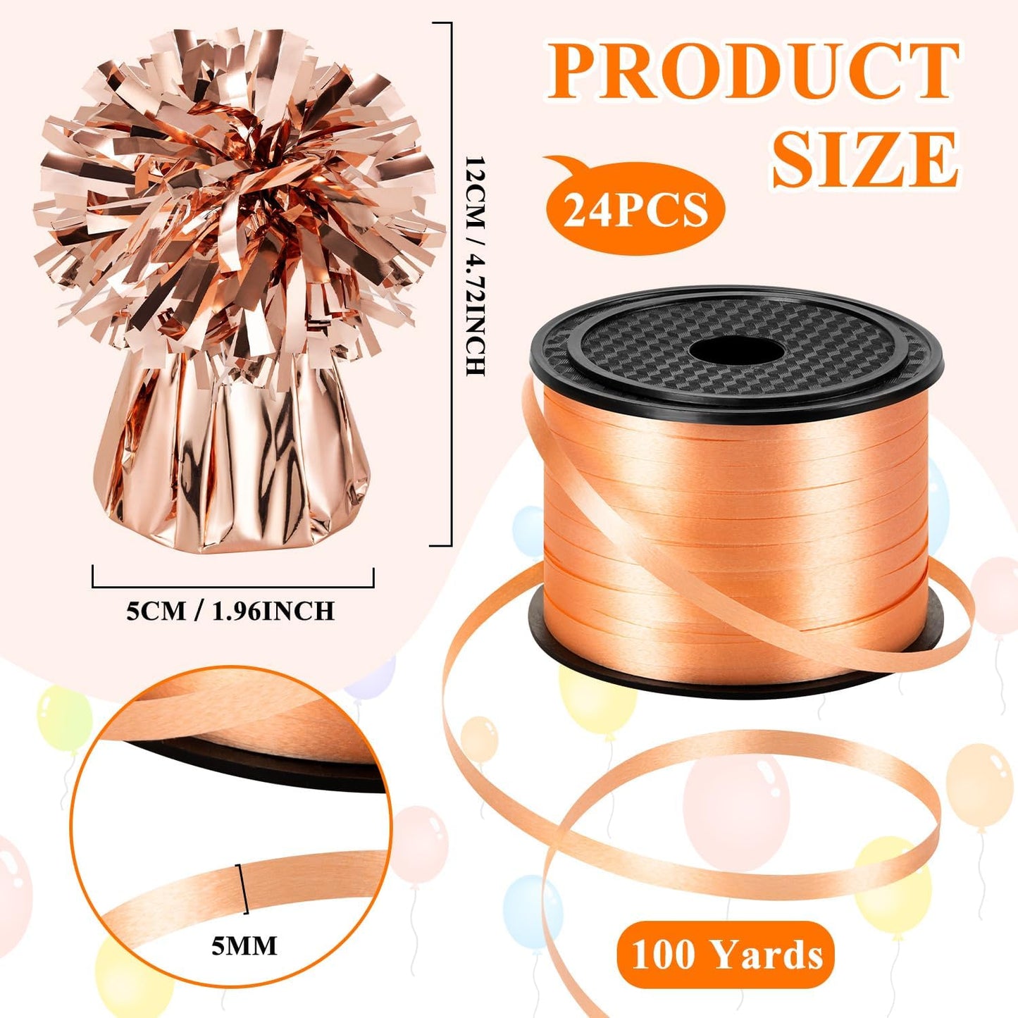 24 PCS Balloon Weights Metallic Anchor, Balloon Holder Heavy Weights with 1 Roll Rose Gold Crimped Ribbon for Balloons Table Party Favor Birthday Decor(Rose Gold)