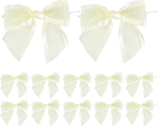 AIMUDI Ivory Bows for Weddings 4" Organza Bows Premade Twist Ties Bows for Gift Wrapping Crafts Treat Bags Baskets Cake Pop Baby Shower Birthday Decor - 12 Counts