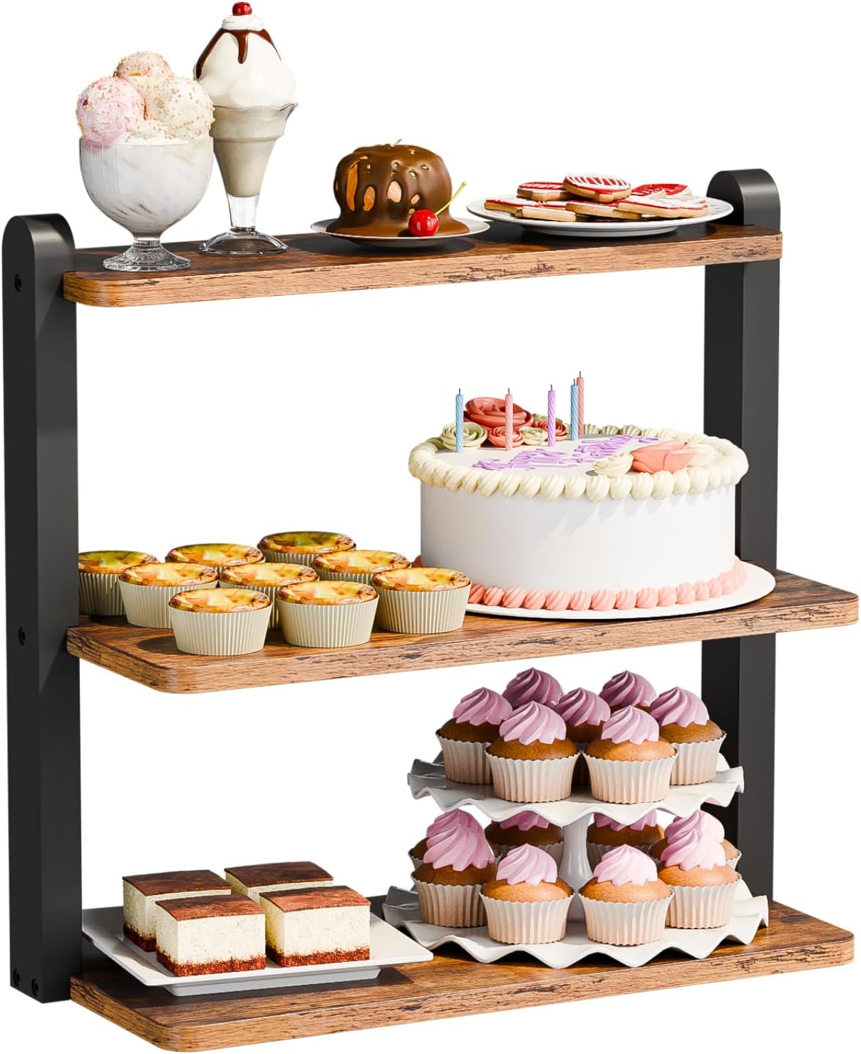 KLM Cupcake Stand, 3 Tier Stepped Wood Display Stand for Weddings, Tiered Party Table Display Riser for Food , Dessert, Cookie, Decor, Craft Show, Party Serving Tray, Vendor Dessert Table Display Set