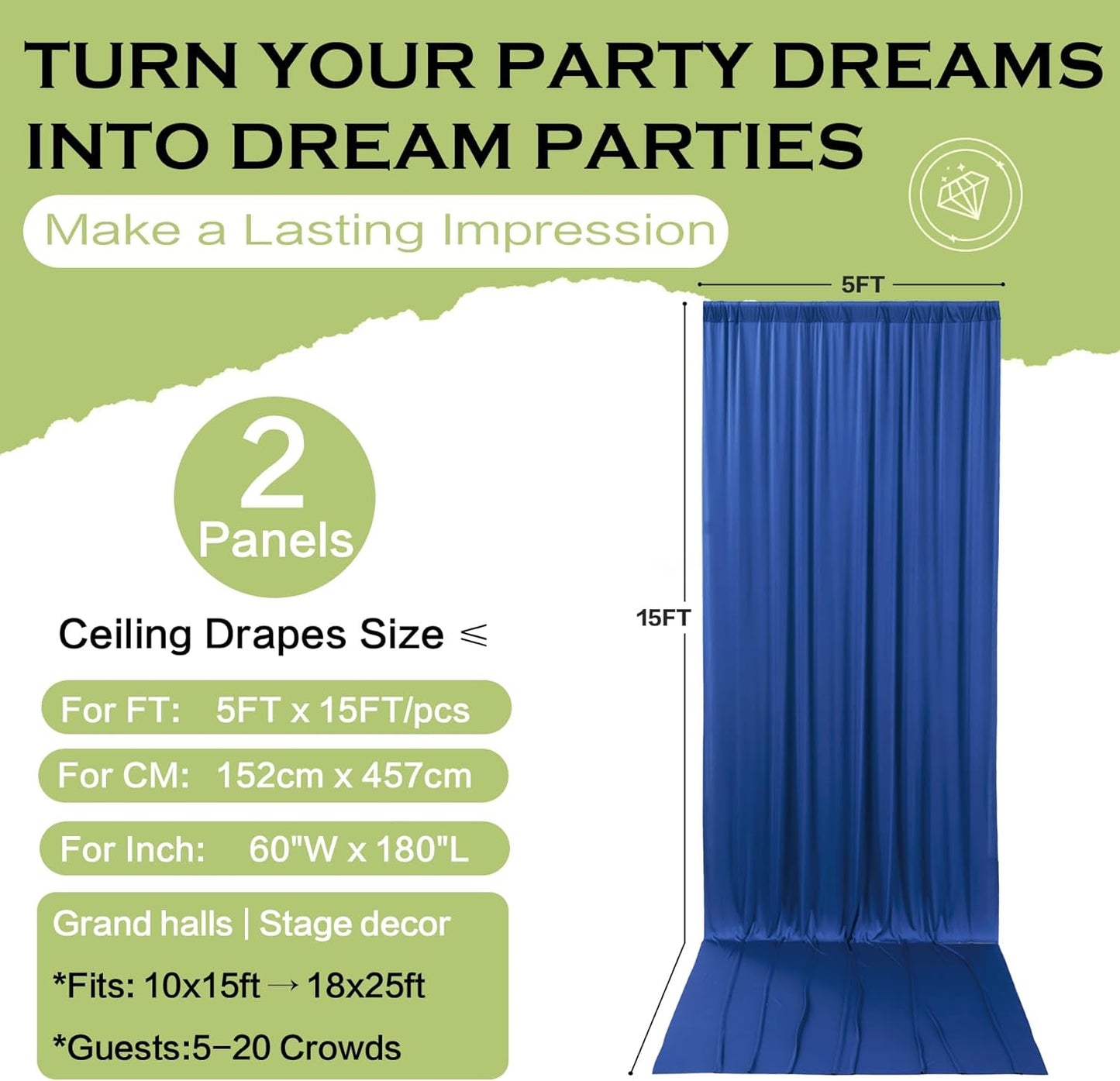 PartyVillage 10ft×15ft Royal Blue Backdrop Curtain for Wedding Parties, 2 Panels Wrinkle Free 15 FT Long Polyester Photo Backdrop Drapes Back Drop Cloth for Birthday Photography Background