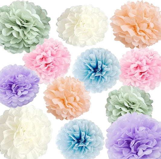 Pastel Rainbow Party Decorations in Colorful Tissue Paper Pom Poms Blush Pink Purple Peach Mint Light Blue Baby Bridal Shower Decorations (Macaron)
