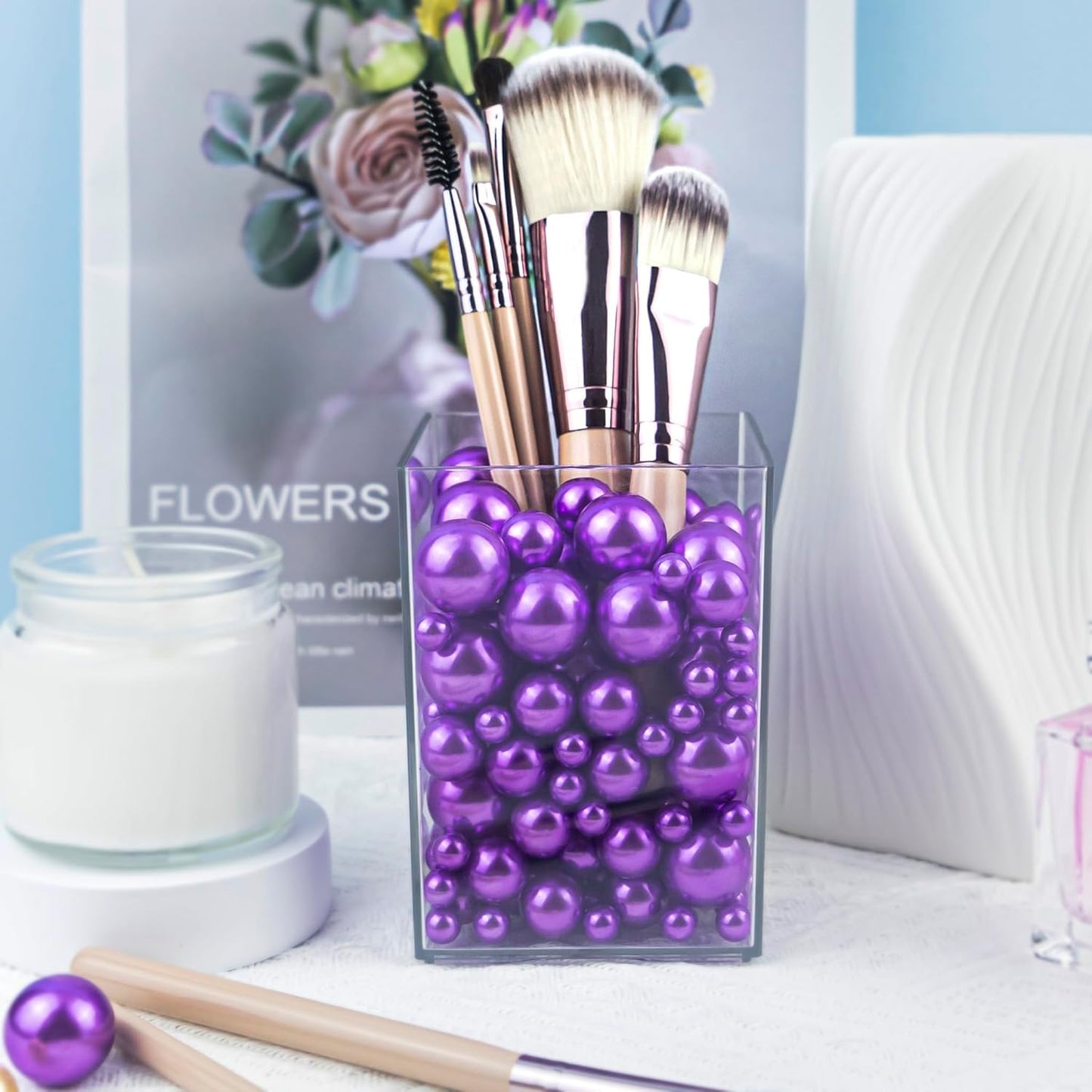 180PCS Purple Beads for Centerpieces Vases, No Hole Polished Pearl Makeup Beads Mixed 8/14/20mm Sizes, Pearl Vase Fillers Table Scatters for Party Wedding Decor