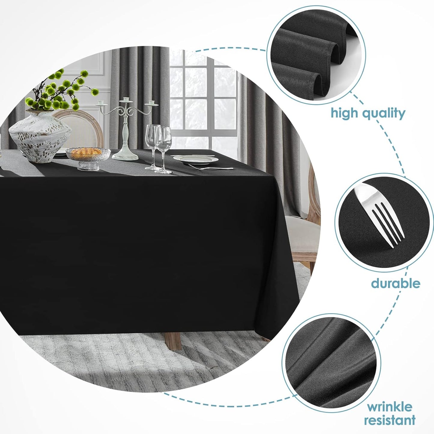 VidaFete Table Cloth 90 * 132inch 6 Pack Rectangle Tablecloth Polyester, Stain Wrinkle Resistant Polyester Dining Table Cover for Kitchen Dinning Party Wedding Rectangular Tabletop Decoration(Black)