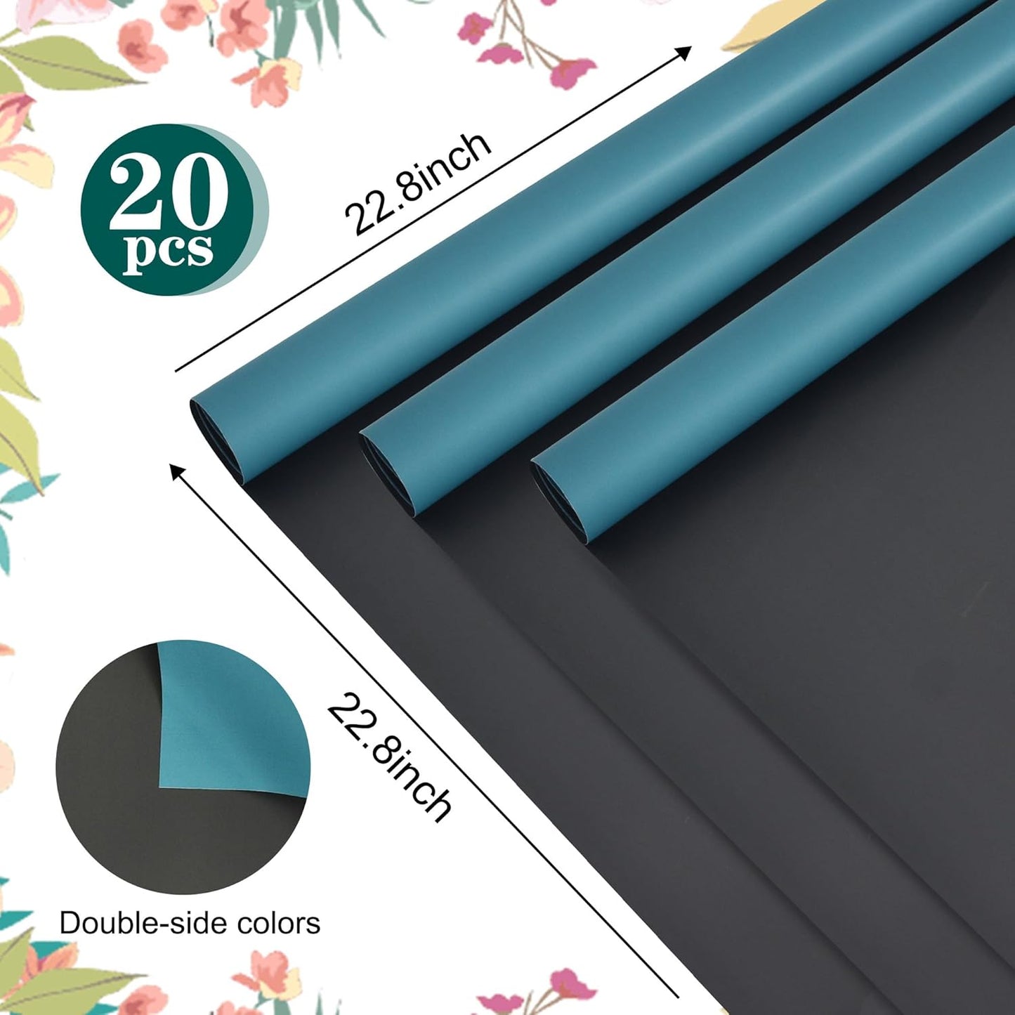 BEISHIDA 20Pcs Gray and Blue Double Sided Floral Wrapping Paper Matte Waterproof Flower Bouquet Wrapping Paper for Floral Wrap Florist Packing Supplies Birthday Valentine's Christmas Gift Wrapping