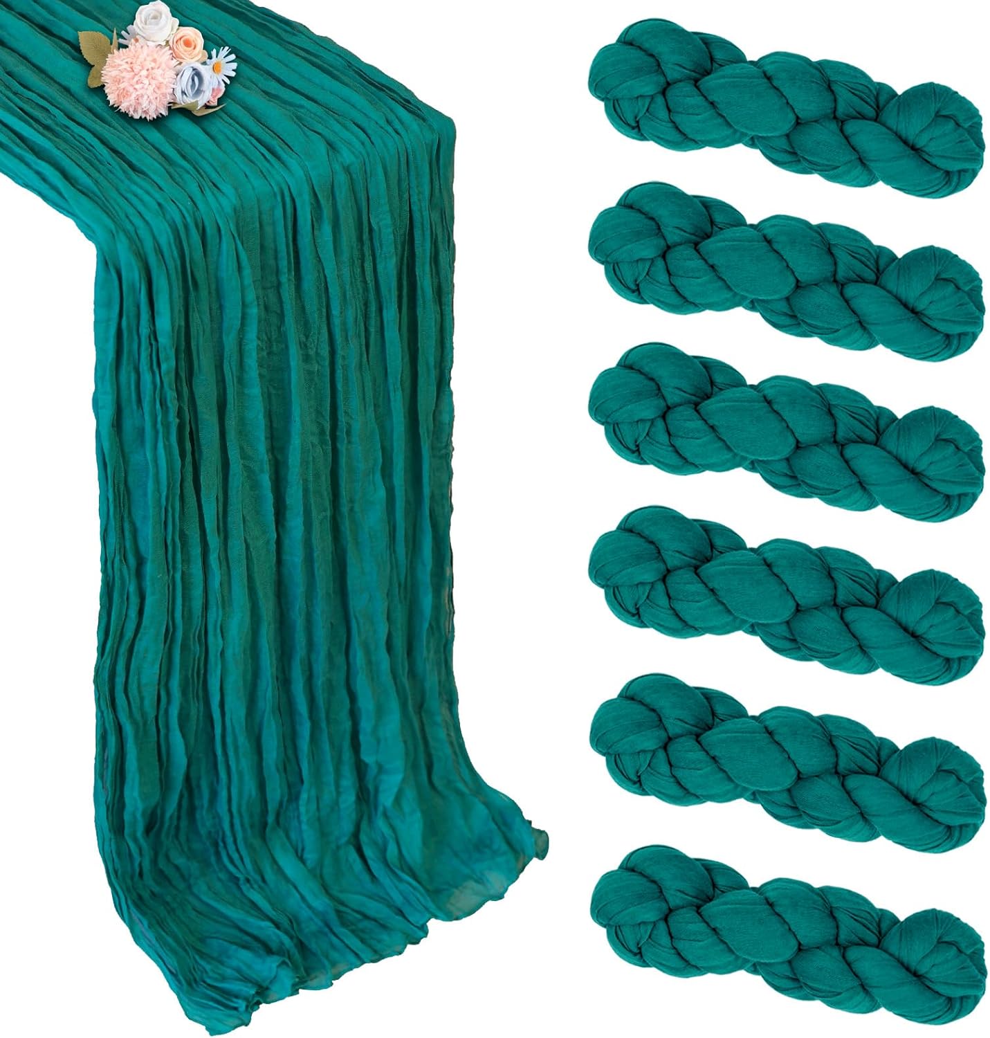 6 Pack Turquoise Cheesecloth Table Runner 10ft Boho Gauze Fabric Cheese Cloth Table Runner 35 x 120 Inch Rustic Sheer for Romantic Wedding Decor Baby Shower Party Table Centerpiece Decoration