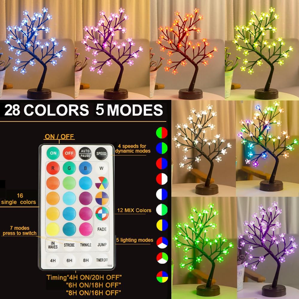Pooqla RGB Cherry Blossom Tree Light with Remote 28 Colors LED Artificial Flower Bonsai Tree, RGB Table Top Lamp Home Lit Tree Valentine's Day Christmas Decoration 36 LED, Brown Branch
