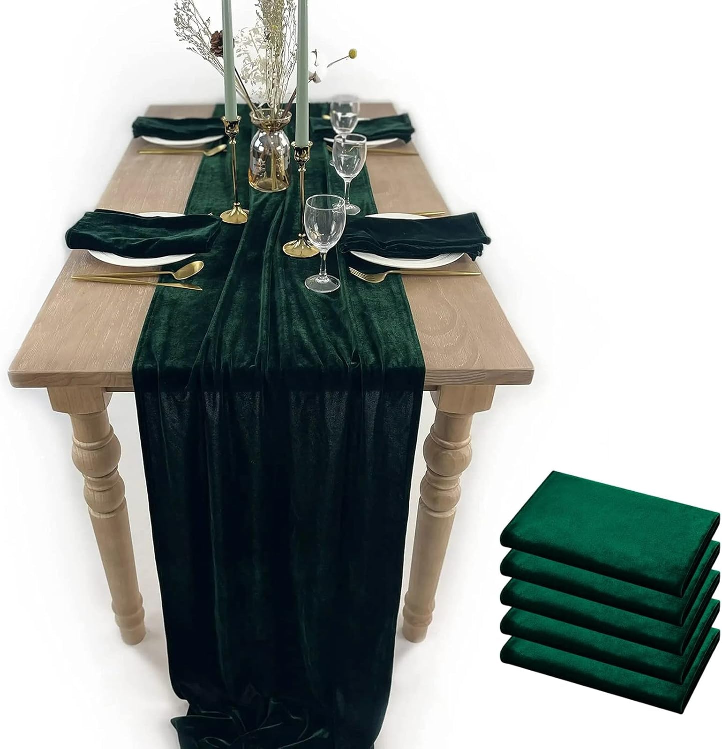 Velvet Table Runner, 5 Pack Luxurious Wedding Reception Decorations Soft Velvet Fabric Table Linen Overlay for Party (20 x 120 inch, Emerald Green)