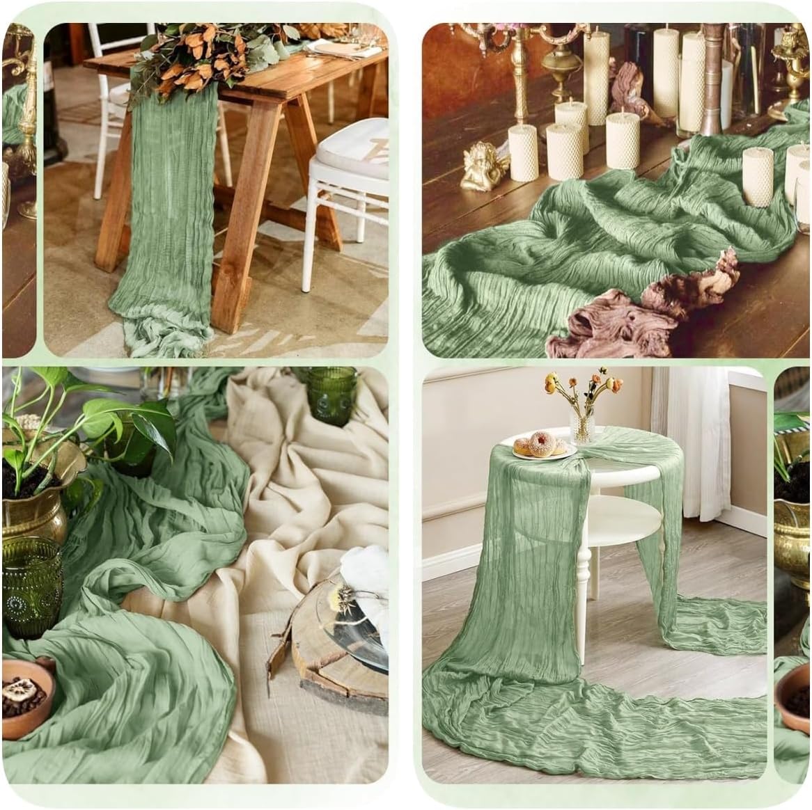 6 Pack Sage Green Cheesecloth Table Runner 23x120 inch Rustic Boho Gauze Table Runner 10 FT Long Sheer Cheese Cloth Fabric Table Runners for Romantic Wedding Bridal Shower Birthday Party Decor