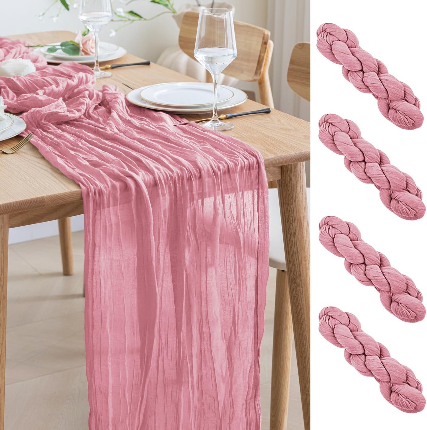 Asee'm 4pcs Cheesecloth Table Runner 120 Inches Long Pink Boho Gauze Cheese Cloth Runner 10FT Rustic Sheer Table Runners for Christmas Wedding Party Baby Shower Spring Easter Decoration