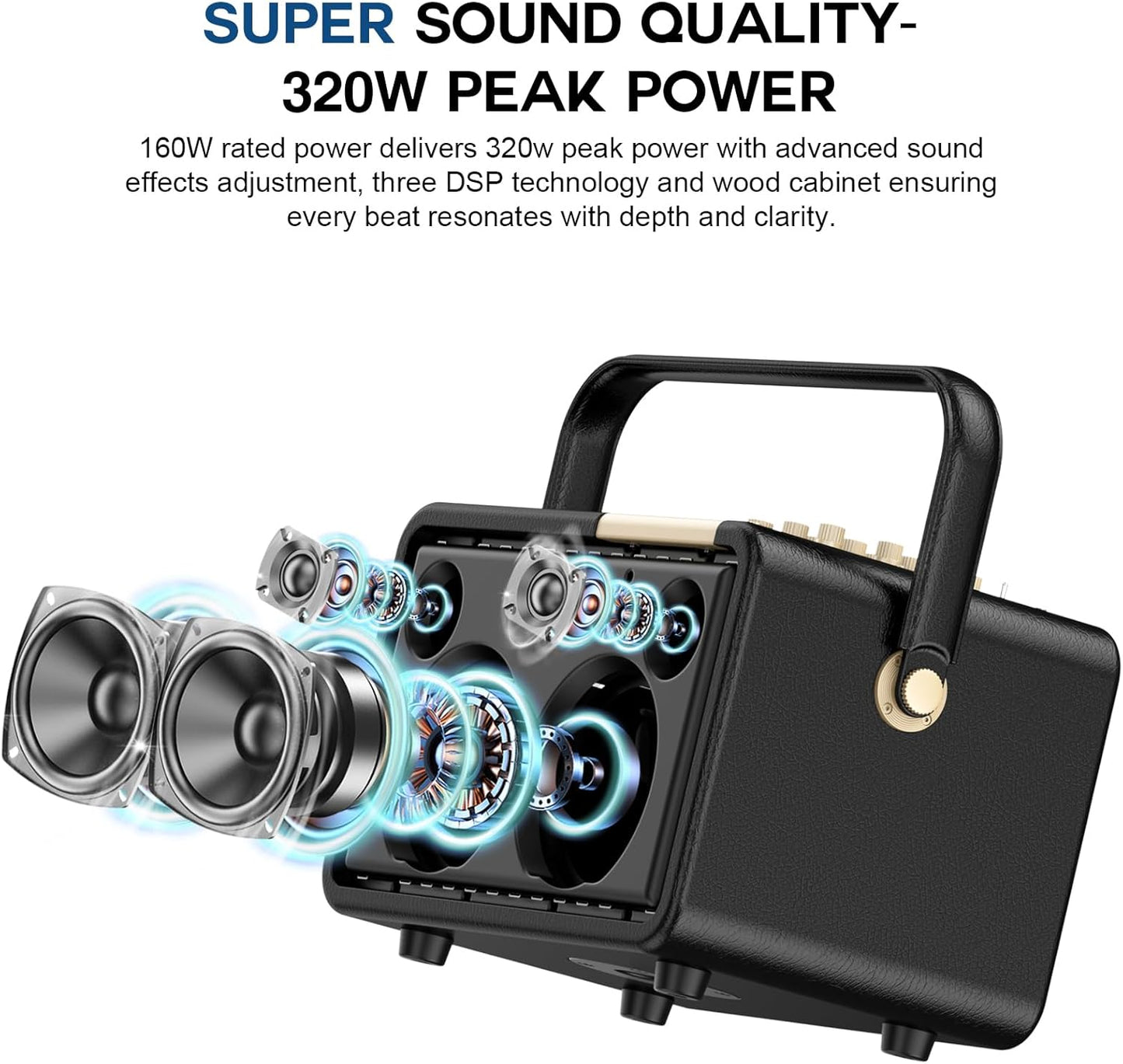 L400 Professional Karaoke Machine with 2 UHF Wireless Microphones for Adults, 320W Peak Bluetooth Speaker PA System with Bass/Treble Adjustment for Home Party Wedding Outdoor Christmas Events